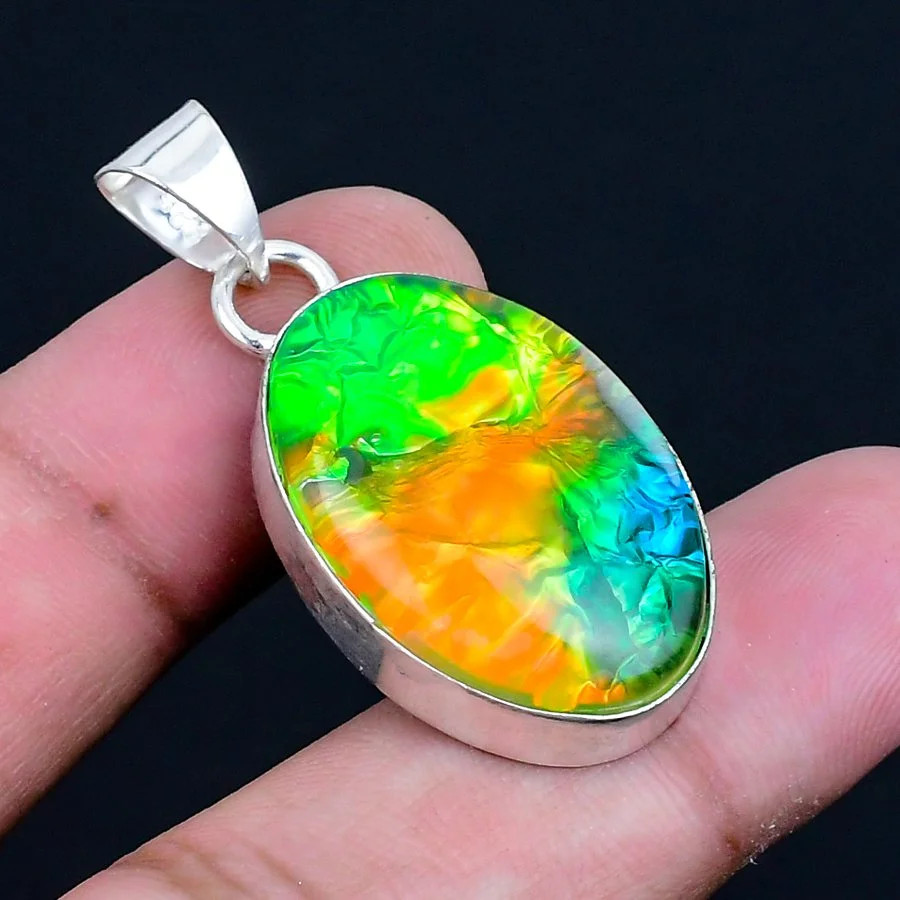 Ammolite 925 Silver Plated Handmade Pendant of 1.58″