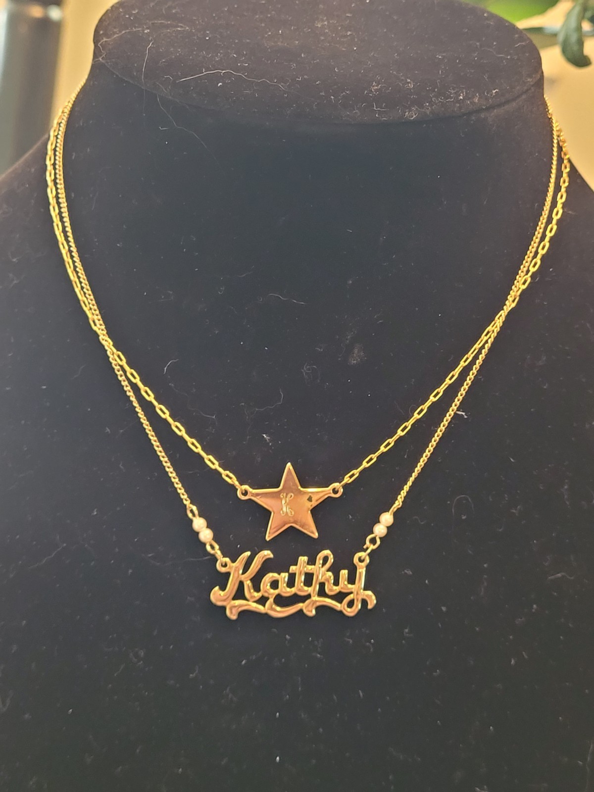 Set Of 2-Gold Tone Personalized “Kathy” Nameplate Necklace, Star W/ “K” Necklace