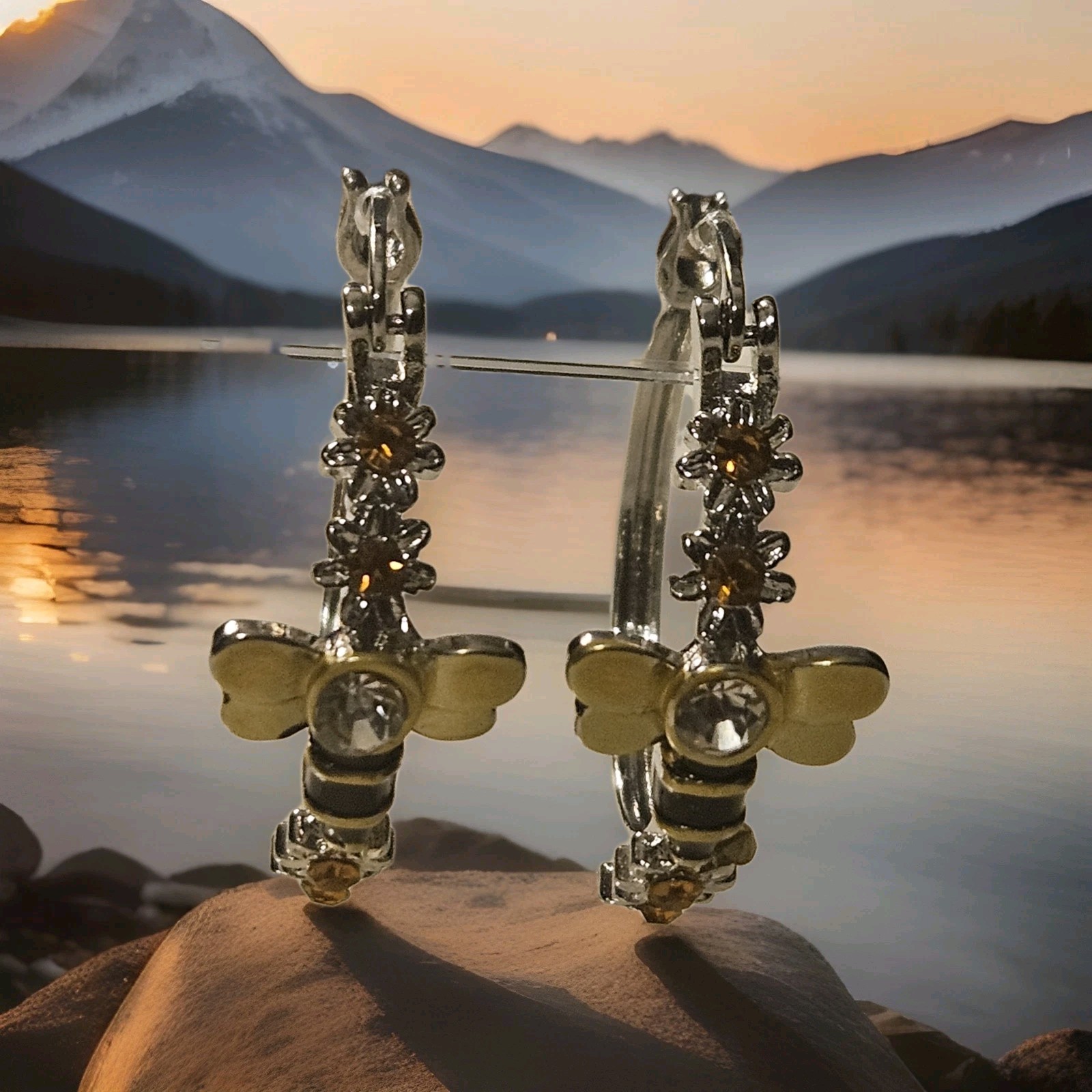 Silvery Bee and Flower Hoop Earrings with Synthetic Zircon Gemstones