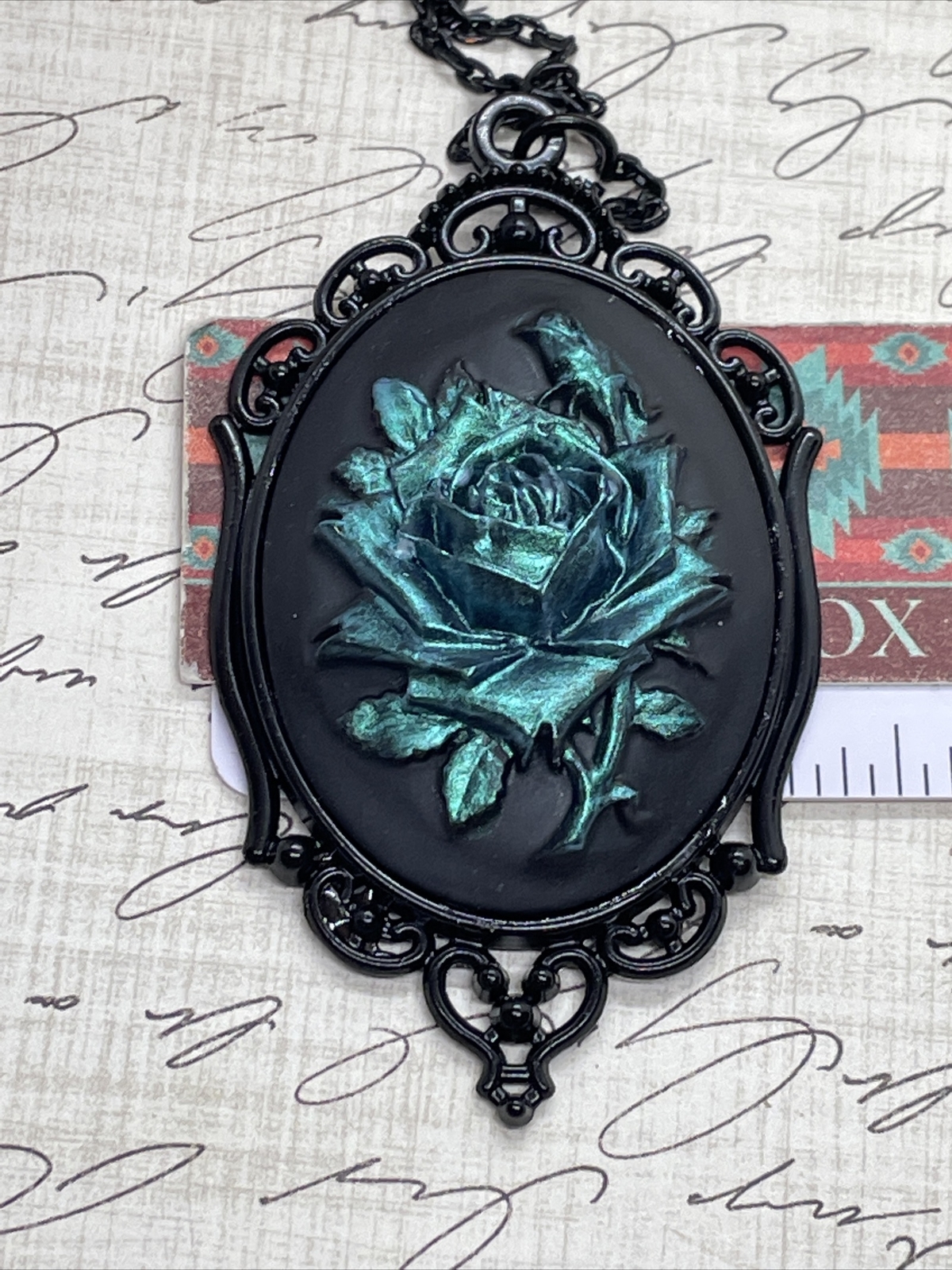 Teal Iridescent Rose Gothic CHRISTMAS Cameo Green Necklace Pendant Victorian