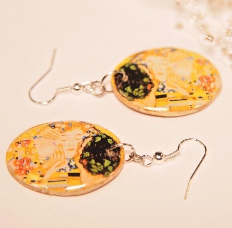 The Kiss by Gustav Klimt Golden Earrings Jewelry Art Famous Painting Jewellery