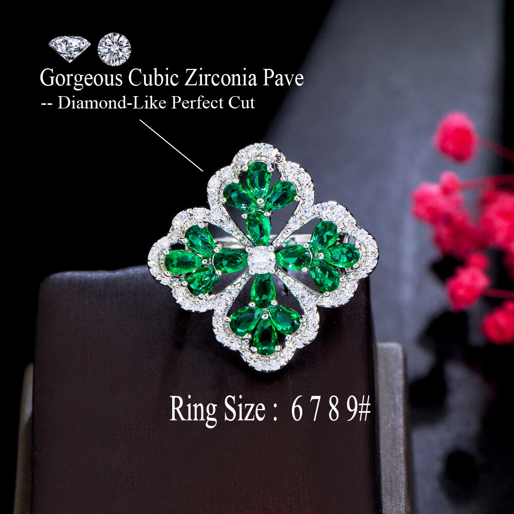 Silver Plated Blue CZ Crystal Flower Statement Women Chunky Flower Party Ring