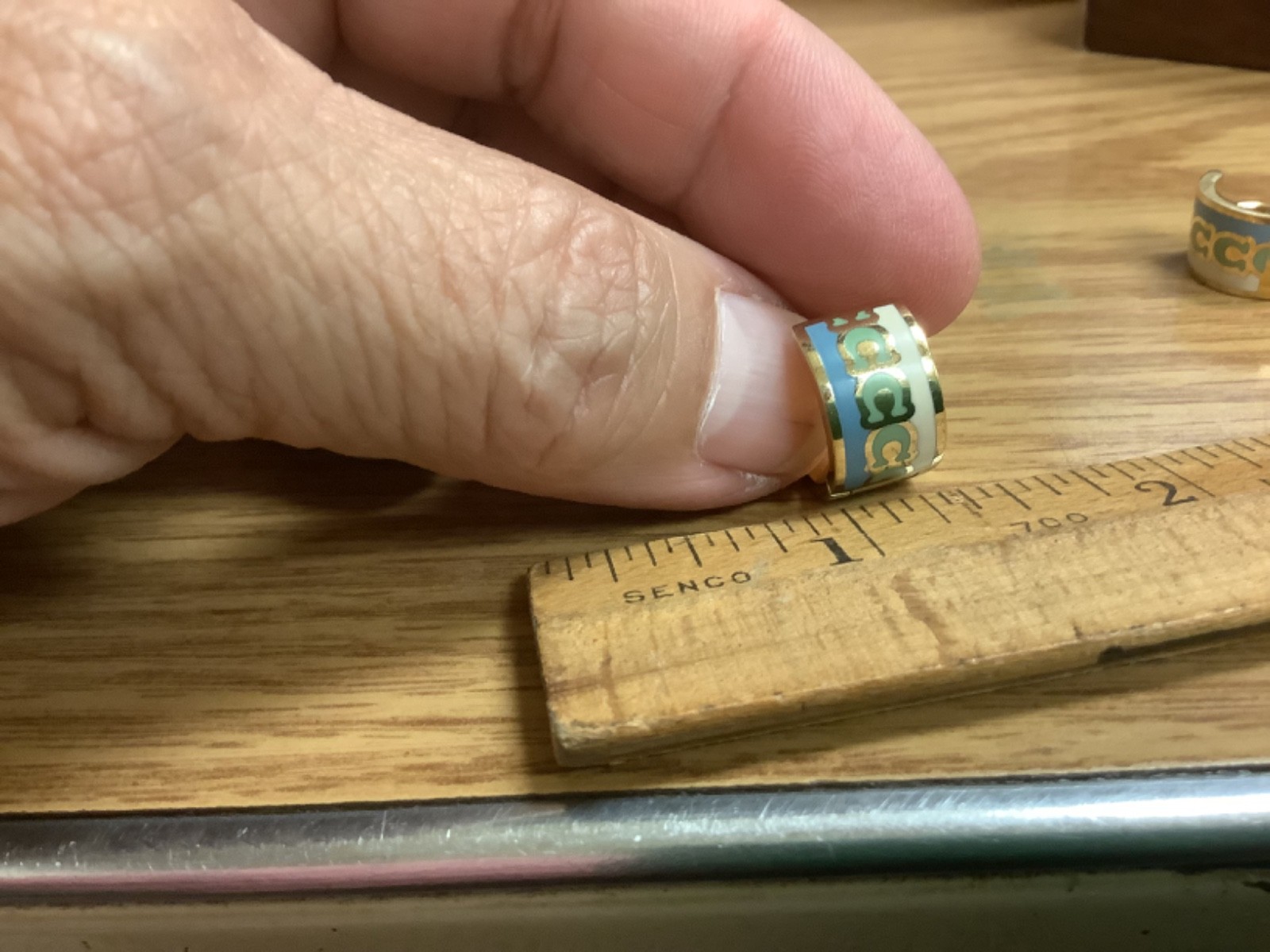 Coach Signature Huggie Gold Earrings Green Blue White Enameled