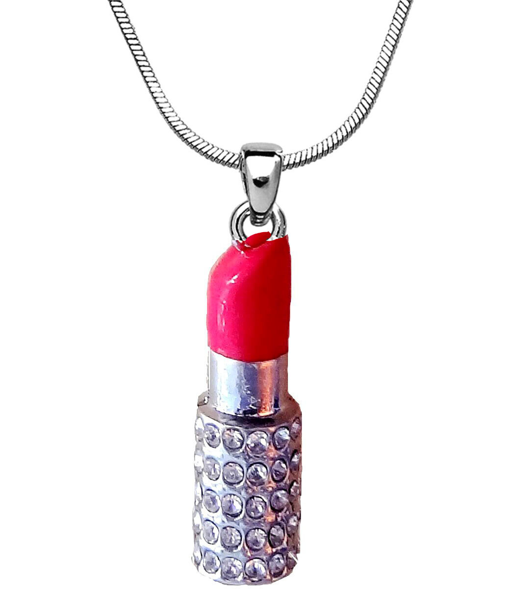 Silvertone Crystal Pink Lipstick Pendant Necklace 17″ Chain Fast Shipping