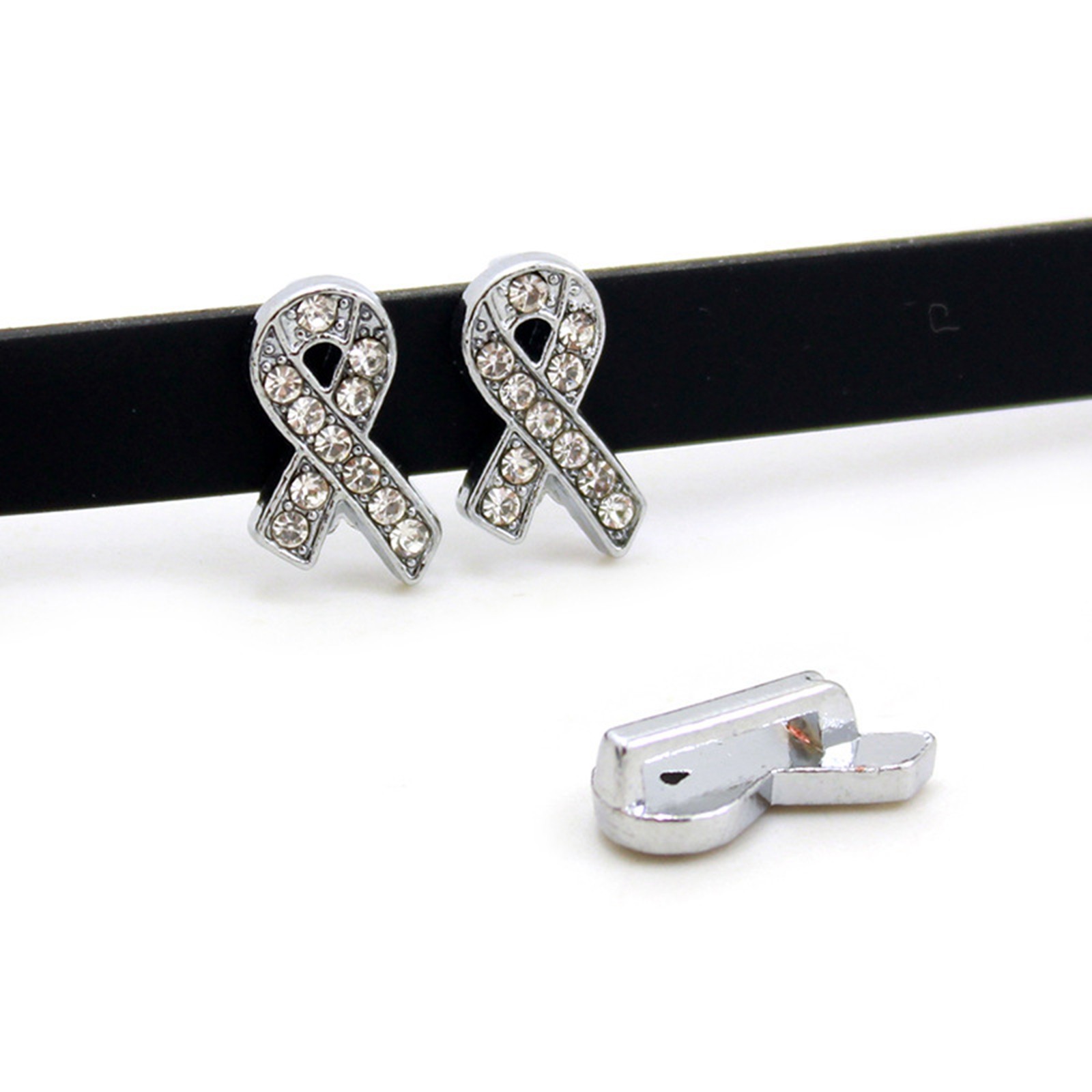 20 Silver Tone Alloy Rhinestone Ribbon Breast Cancer Awareness