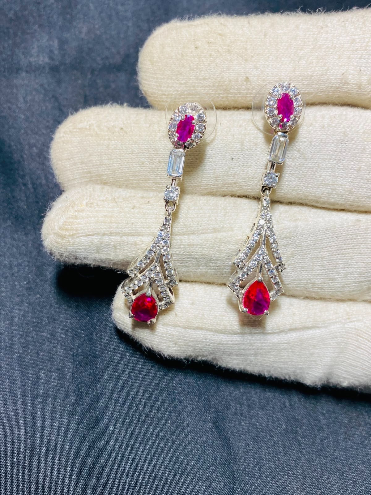 Silver Lab-Created Ruby CZ Drop Dangle Earrings Elegant Wedding Gift Women 4cm