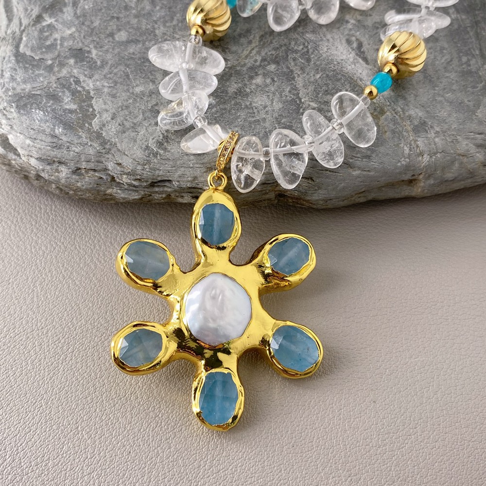 2 Rows Clear Quartz Necklace Coin Pearl Jade Flower Pendant Natural Stone