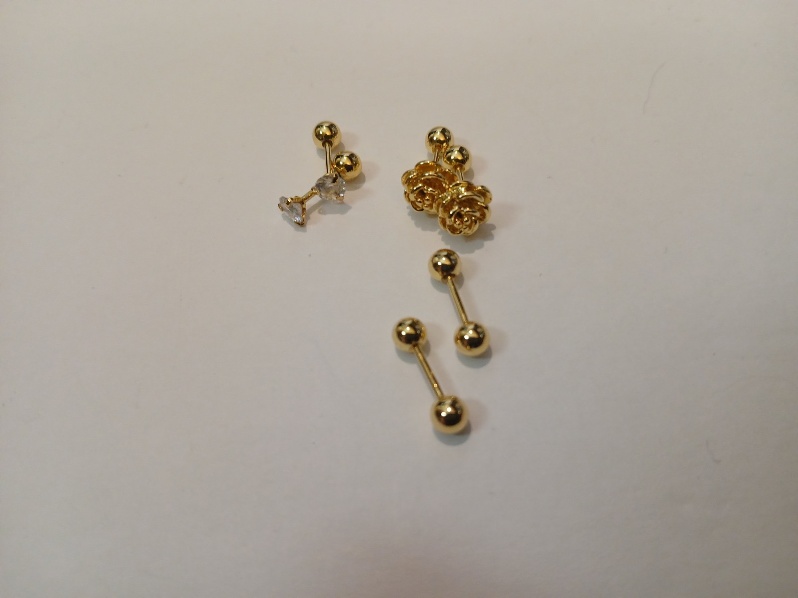 3 Pair Gold Surgical Steel Small Rose, Ball, Rhinestone, Screw Back 20g .81mm