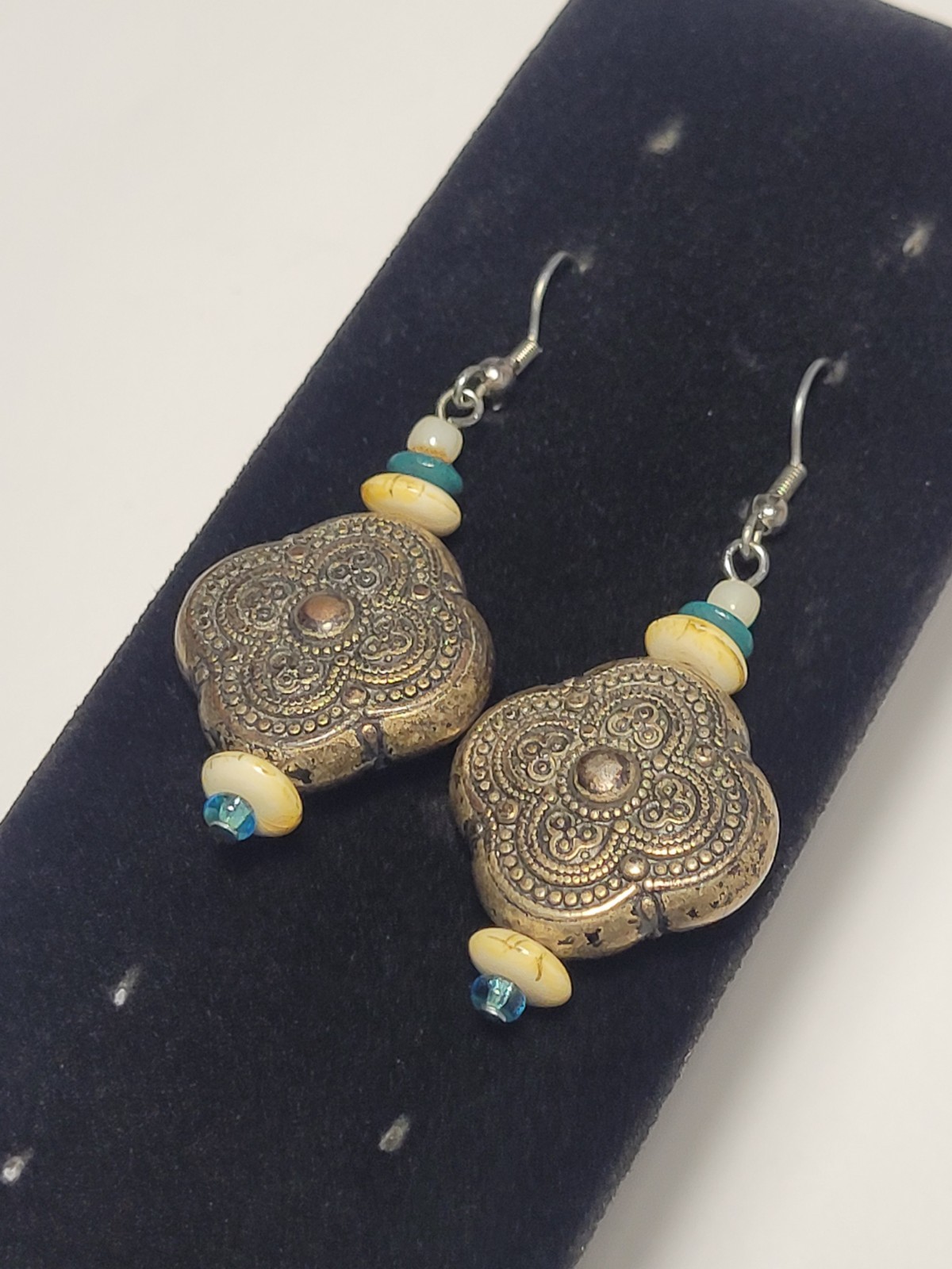 Bronzetone Boho Tribal Style Quatrefoil Clover Dangle Beaded Statement Earrings