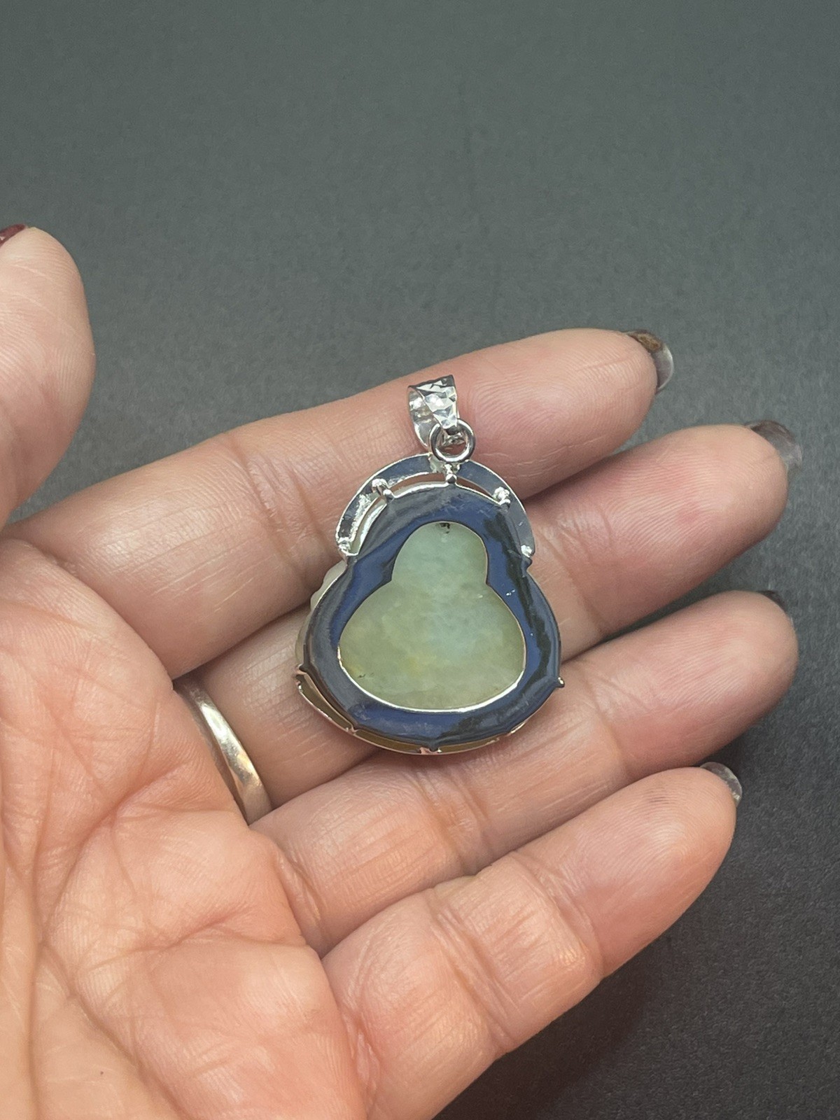 Maitreya Laughing Buddha 100% Natural Jade with Silver . Hand sculpted.No Dyed.