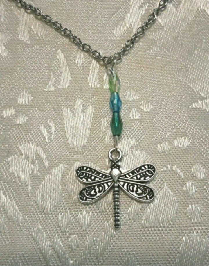 Dragonfly, Blue/green Crystals Pendant necklace