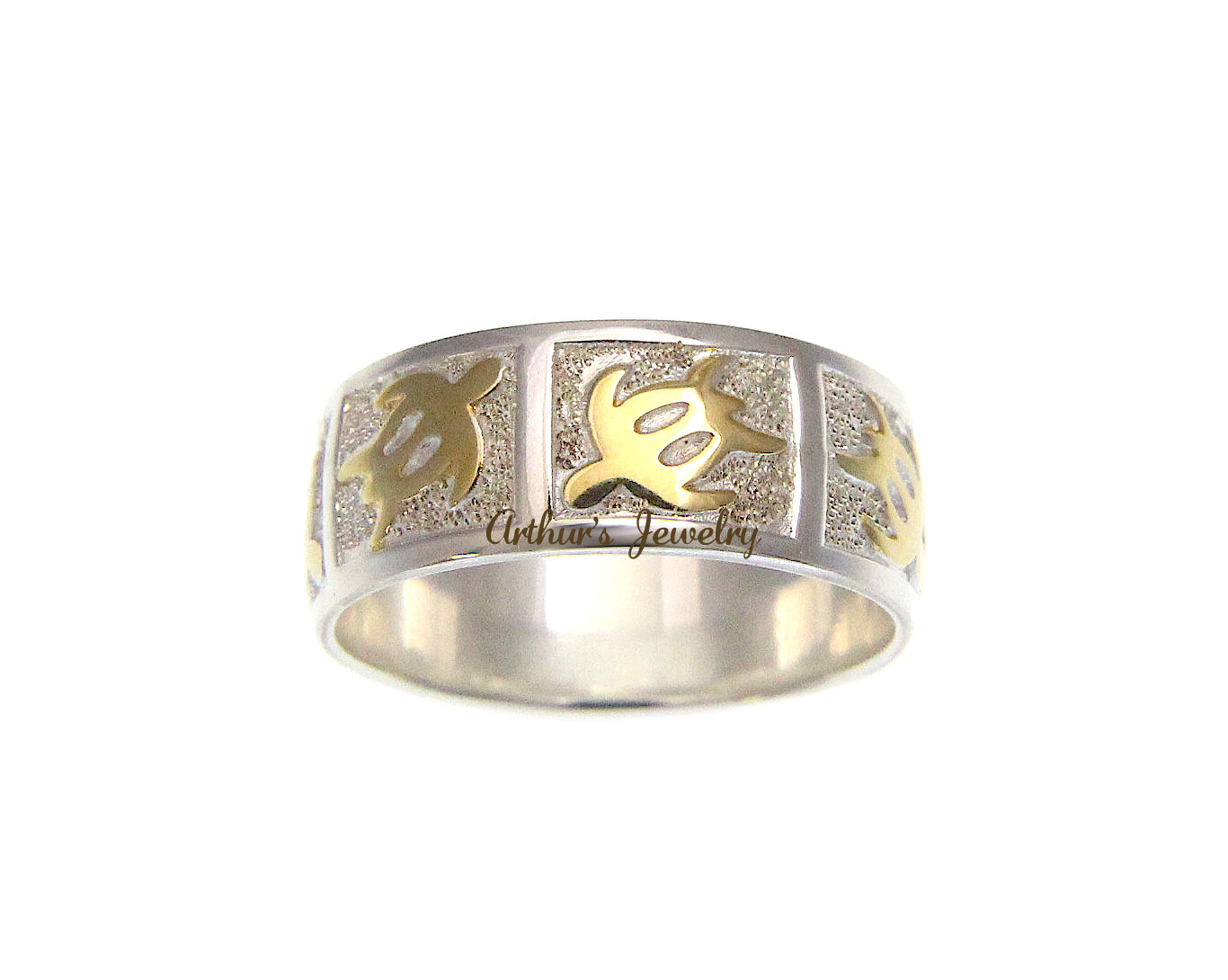 8MM SILVER 925 HAWAIIAN RING YELLOW GOLD PLATED HONU TURTLE 2 TONE SIZE 3 – 14