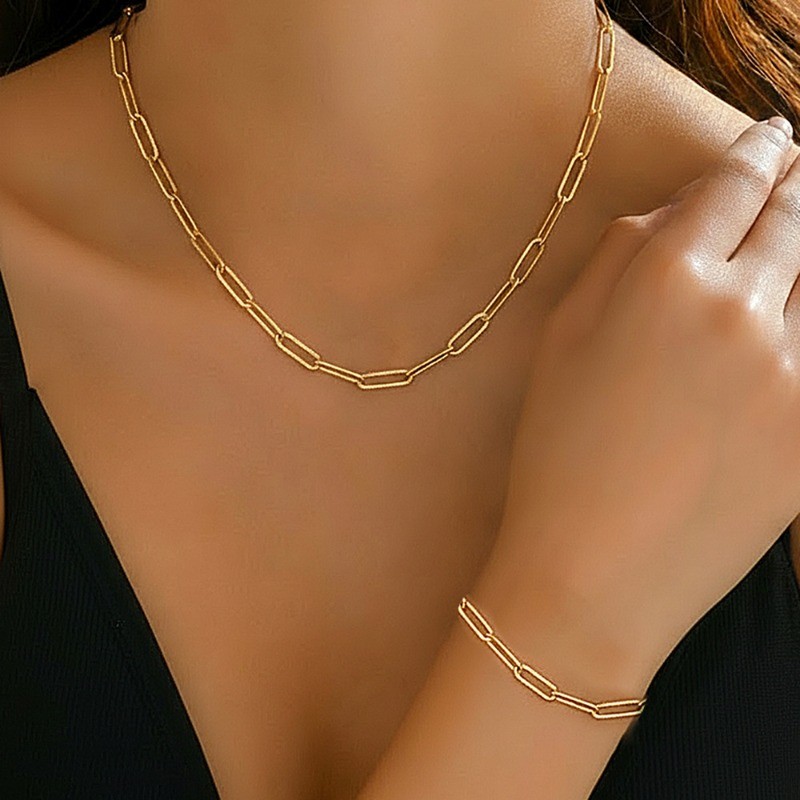 Golden Men’s and Women’s Titanium Steel Bracelet Necklace Fashion Jewelry Set