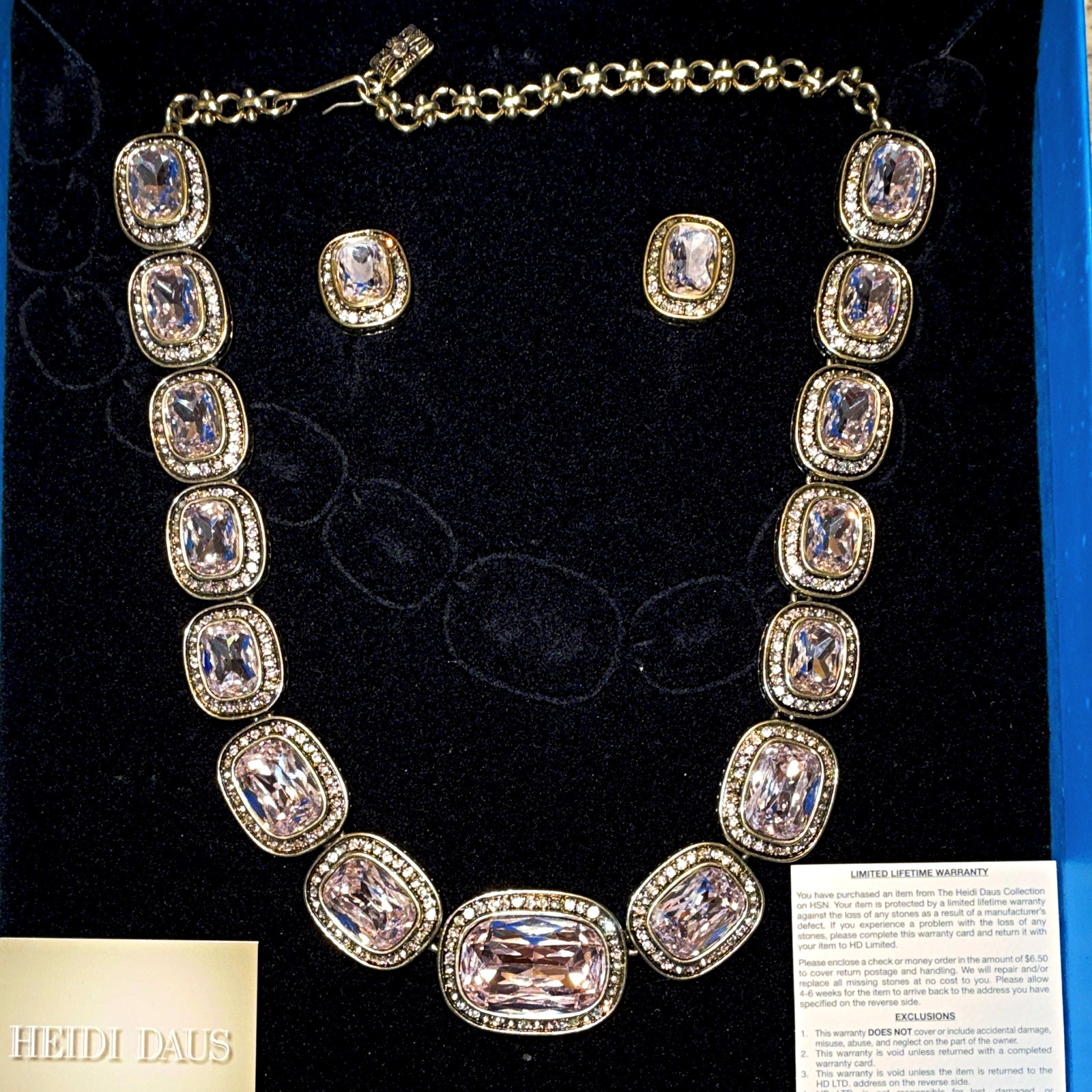 Heidi Daus Signed Jewelry Set Necklace & Earrings Clear Crystal Gold Tone