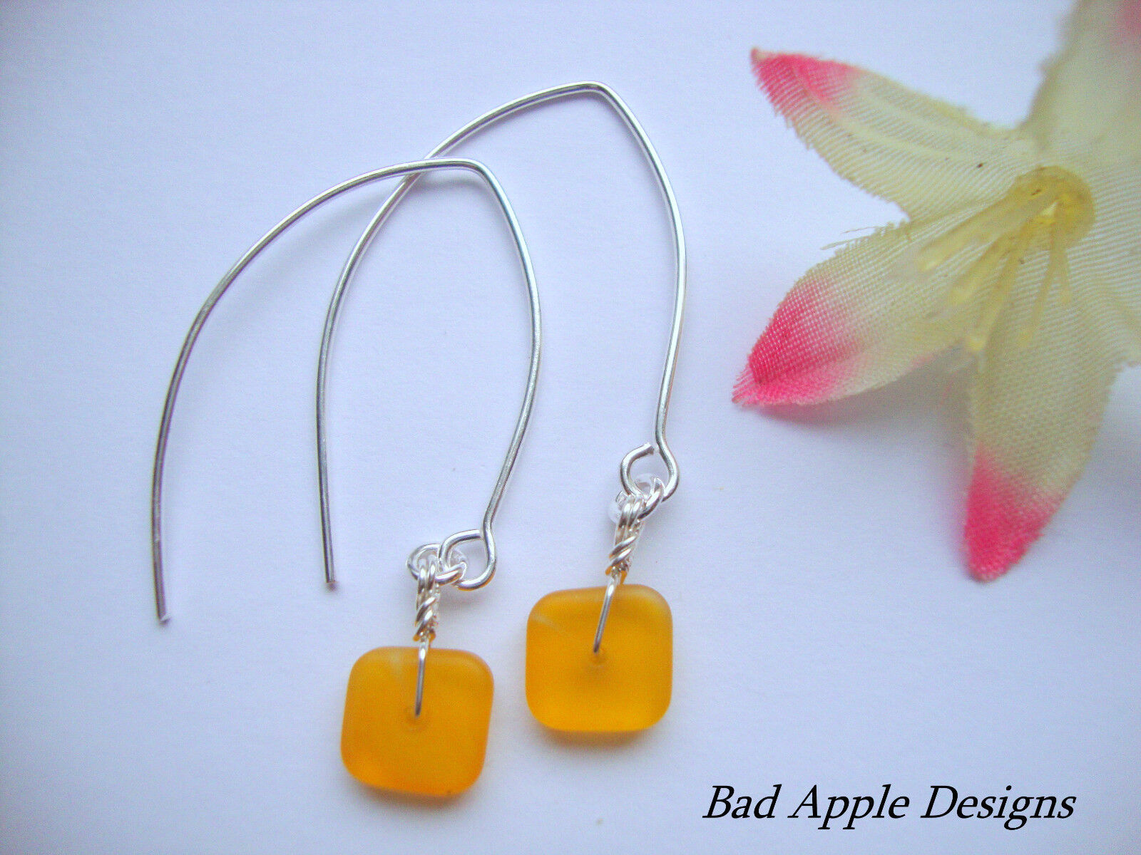 Flat, Forward-Facing, Dainty Frosted Sea Glass Silver Marquise Style Earrings