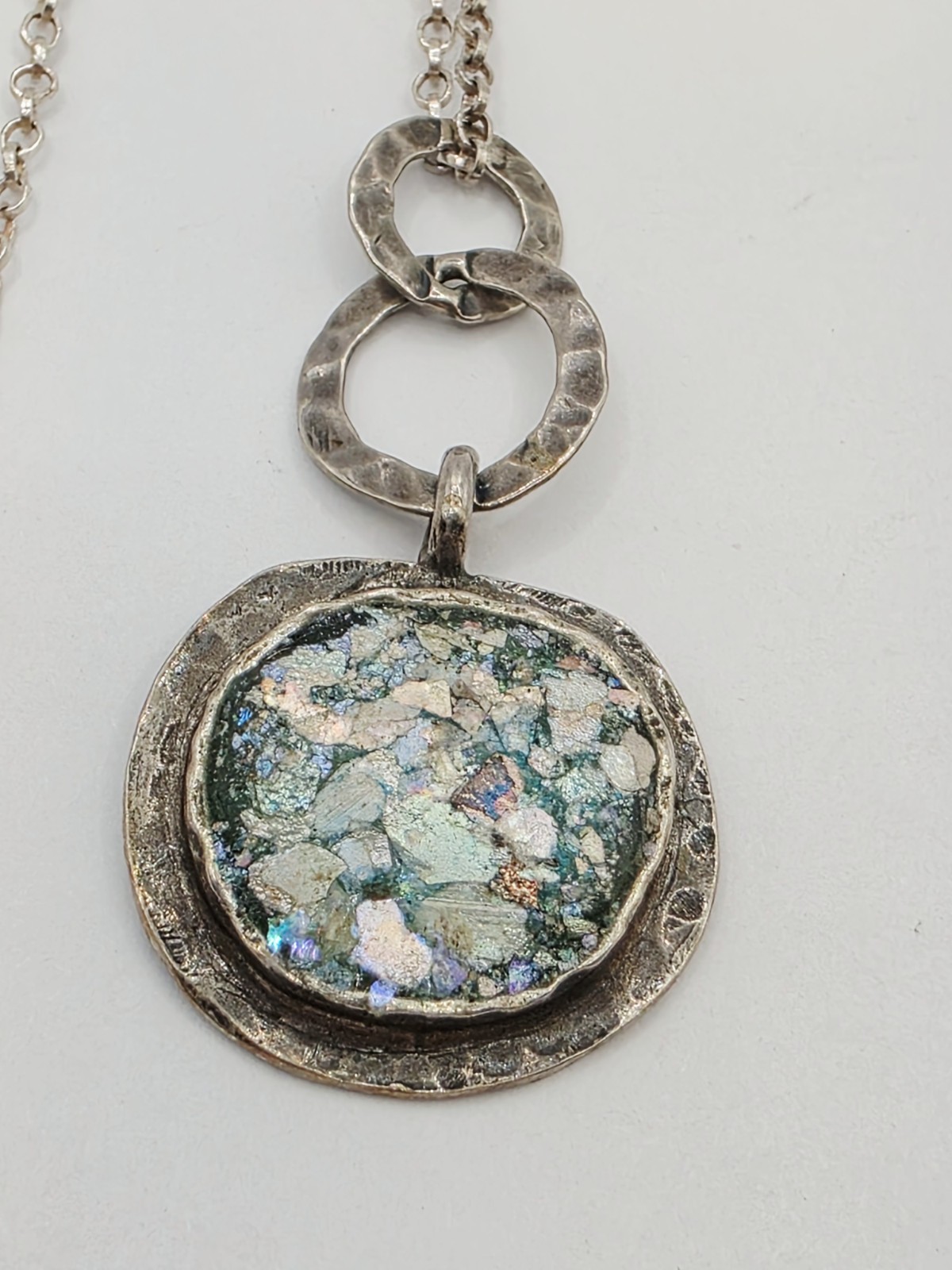 Sterling Silver ASCOPA 925 Pendant Necklace With Iridescent Roman Glass