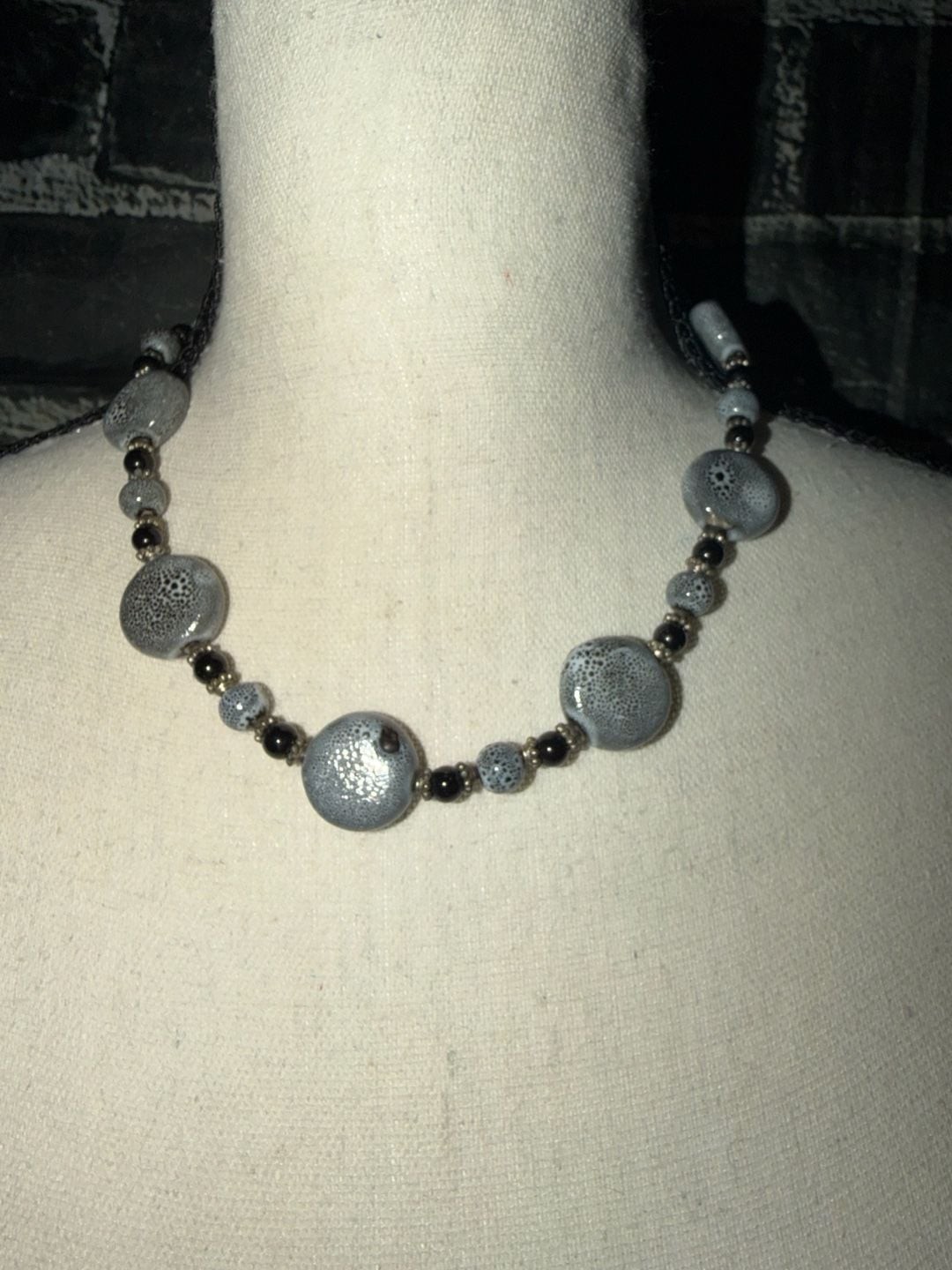 Chunky Speckled Grey Ceramic and Black Bead Statement Necklace