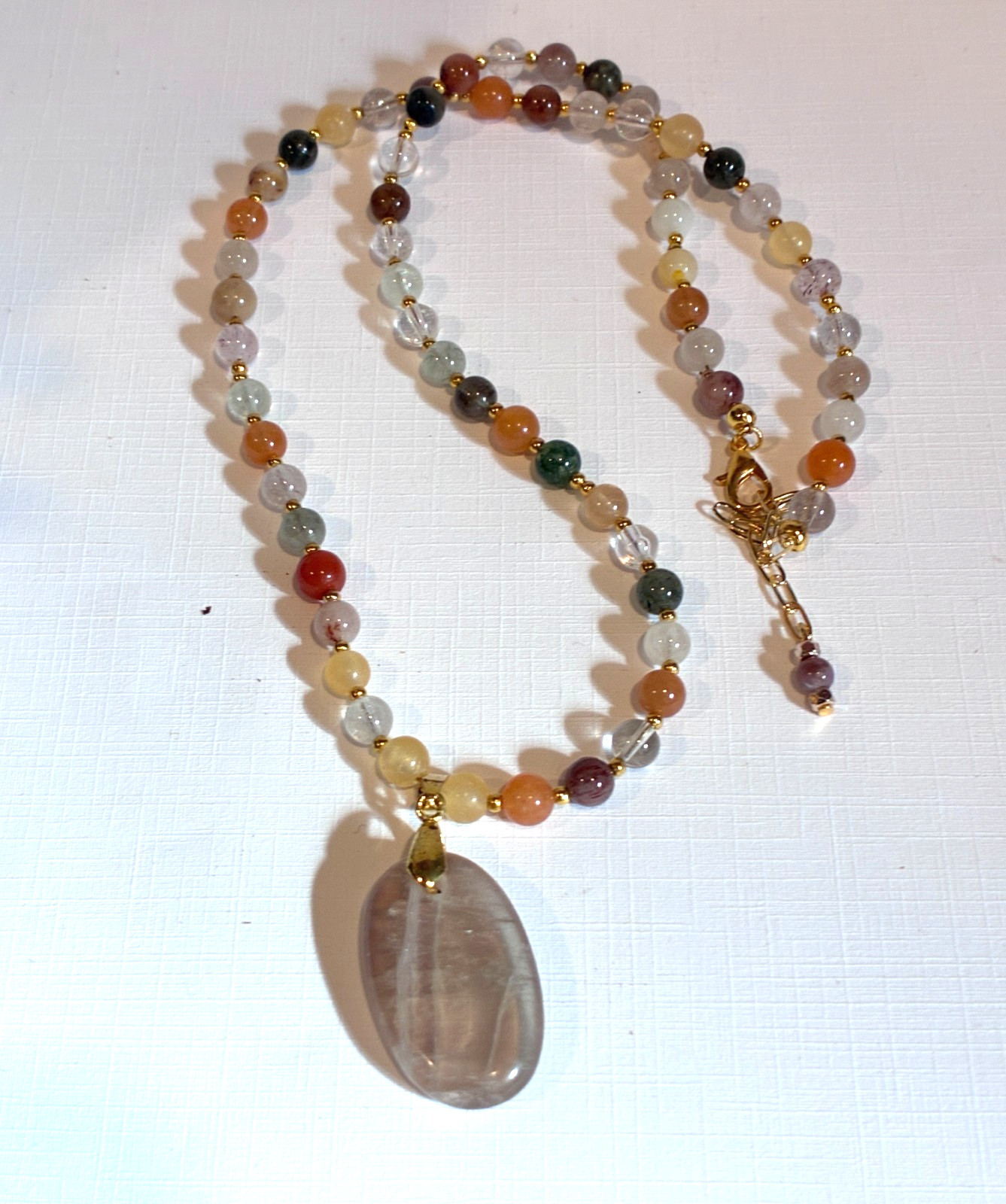 Mix Color Quartz Beaded & Dendritic Opal Pendant Necklace, 21- 23″ long