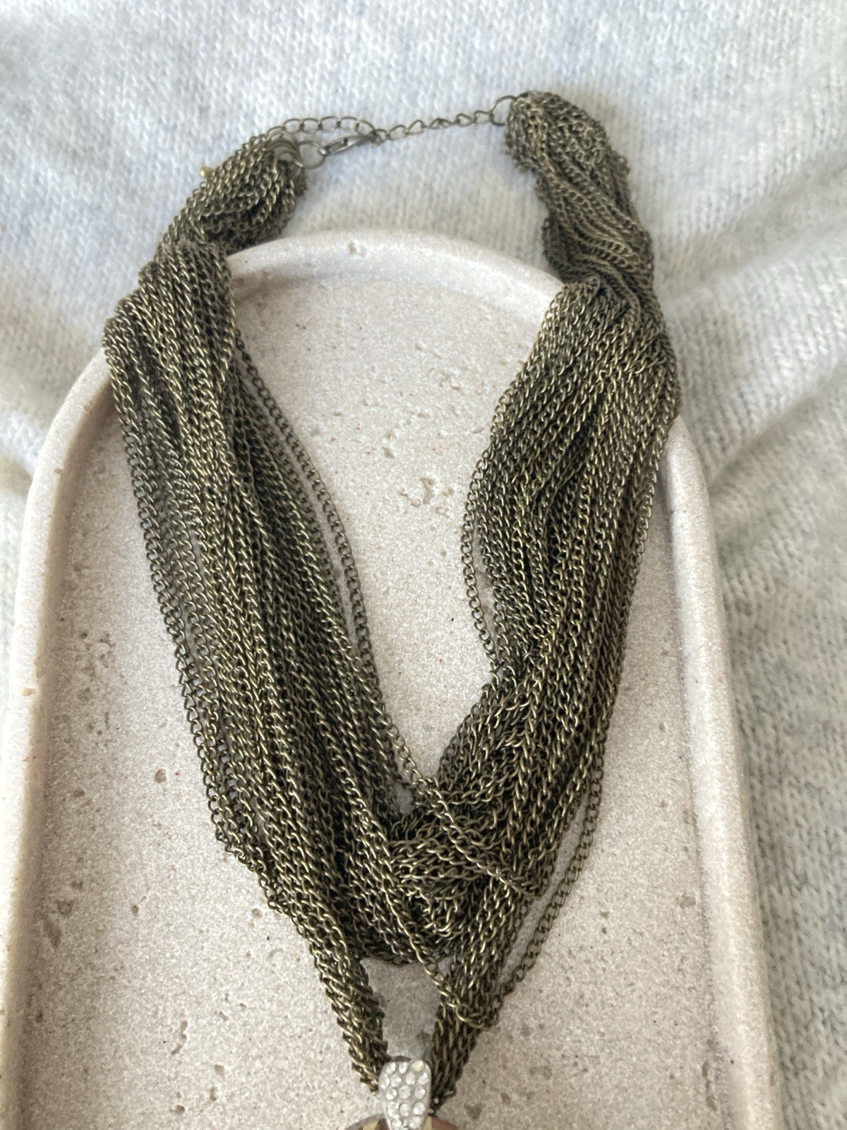 Bronze Tone Multi Strand Chain Necklace Large Champagne Faux Gem Pendant Bold