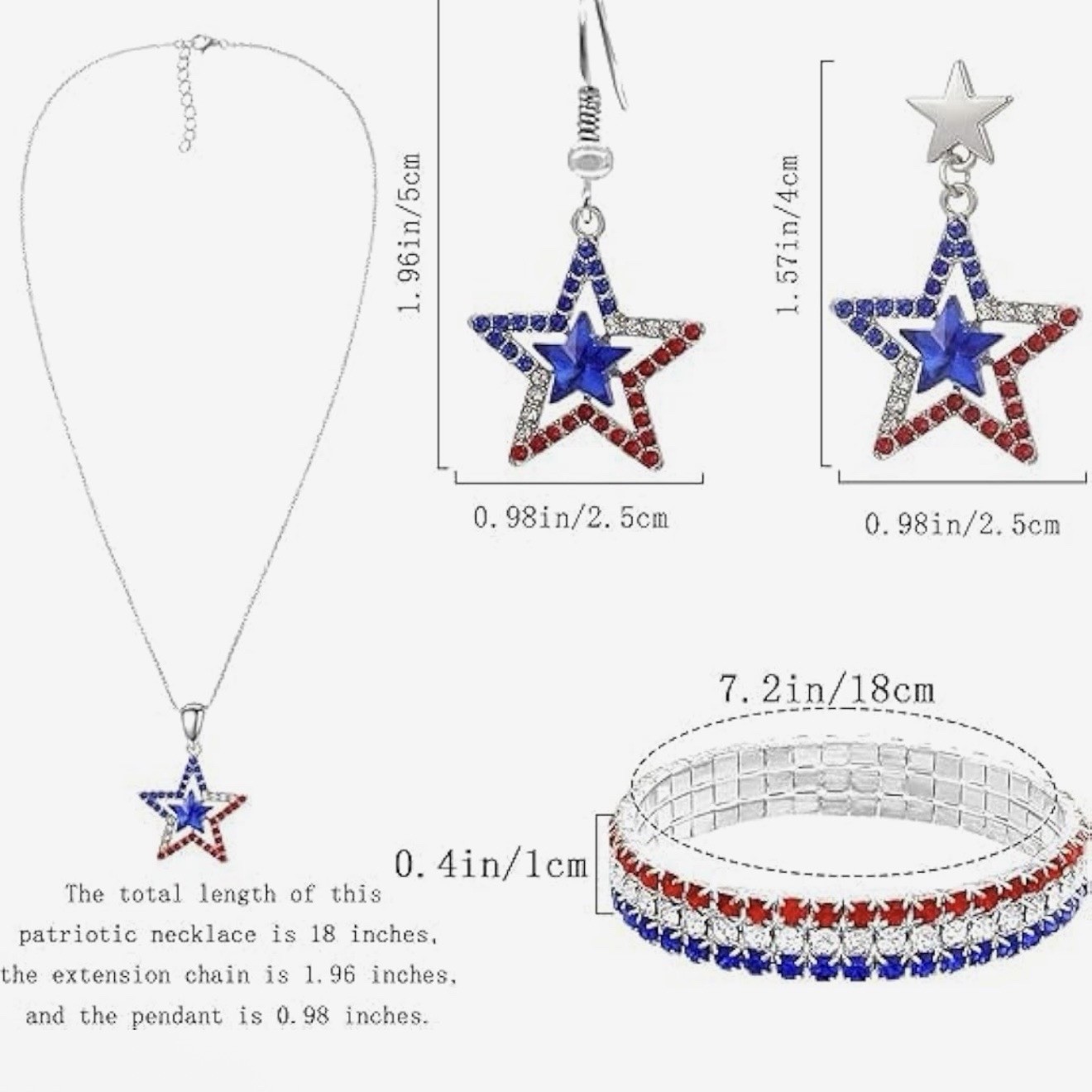 Patriotic Stars Red White Blue Crystal Rhinestone Necklace Earrings Bracelet Set