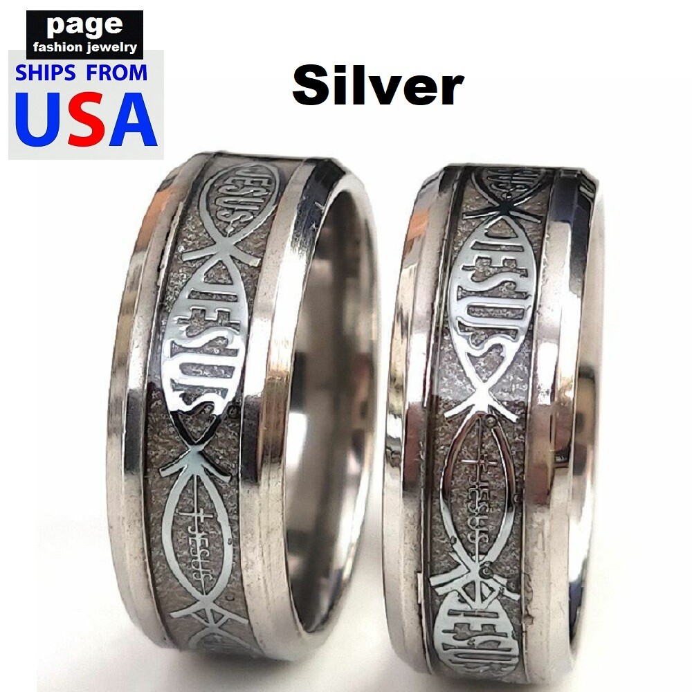 1pc Jesus Fish Christian Men/Women Stainless Steel 8mm Band Ring Size 7-11.5