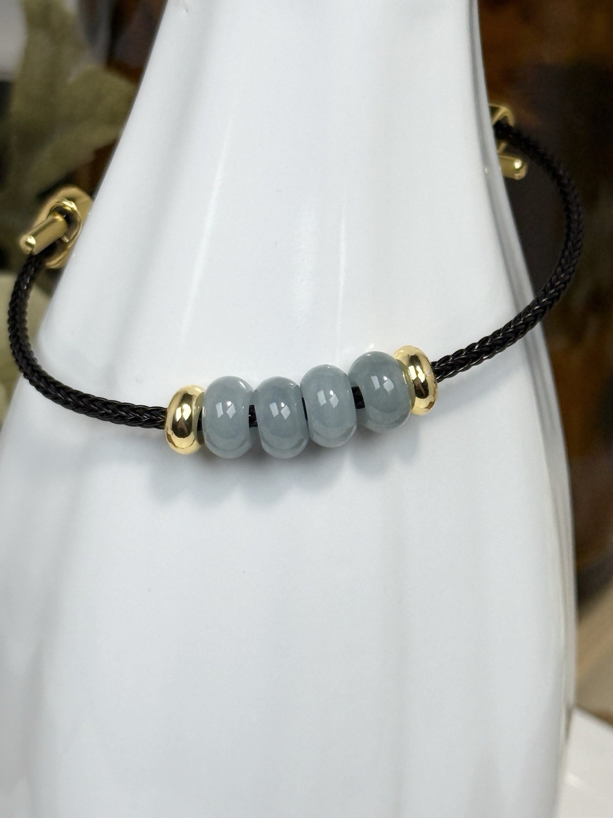 Blue Water Jade Blue Donut Pendant Bracelet 8MM on Black Adjustable Nylon Cord
