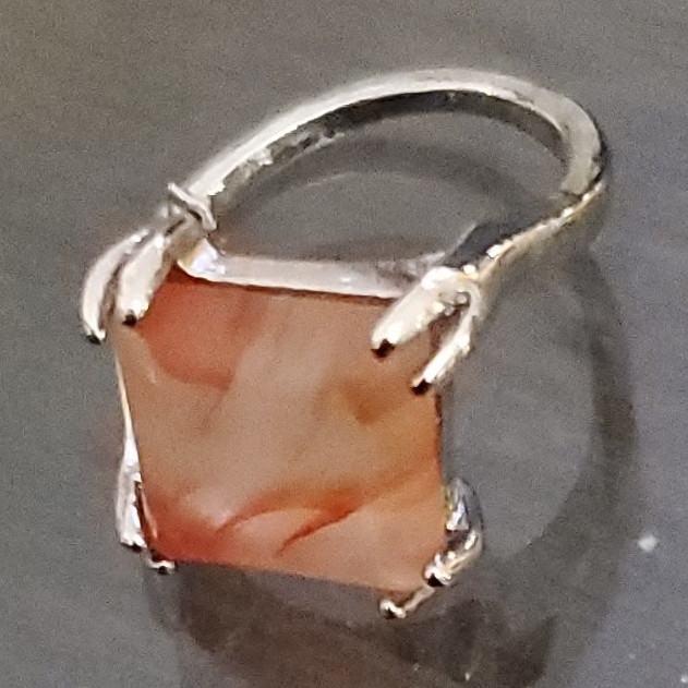 Silver Cocktail Ring Square Orange Stone Prong Set Size 6