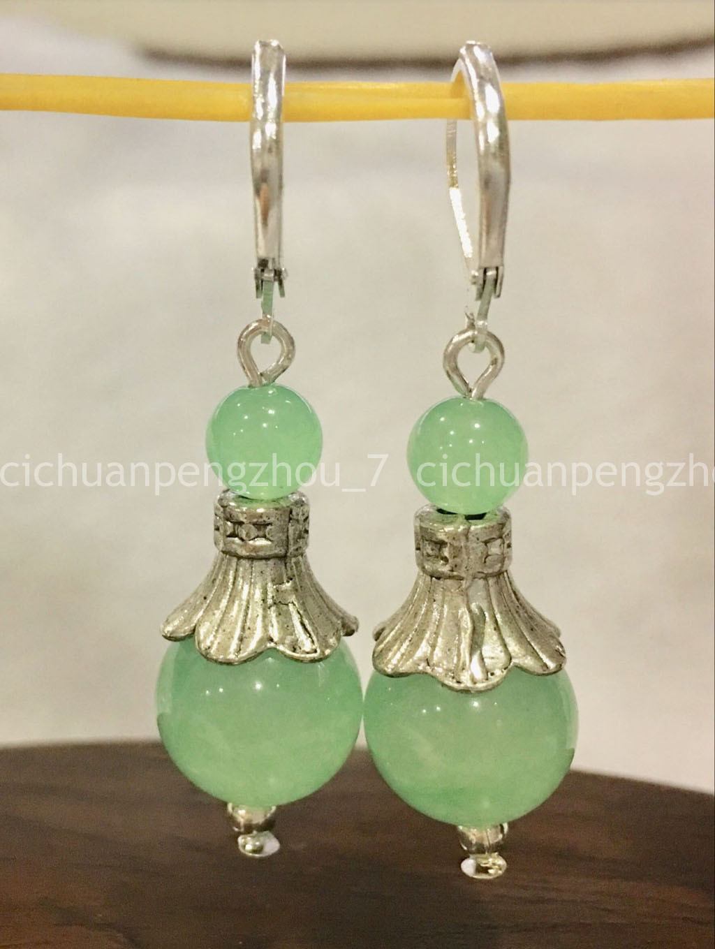 Handmade Natural 6-12mm Green Jade Round Gemstone Beads Tibetan Silver Earrings