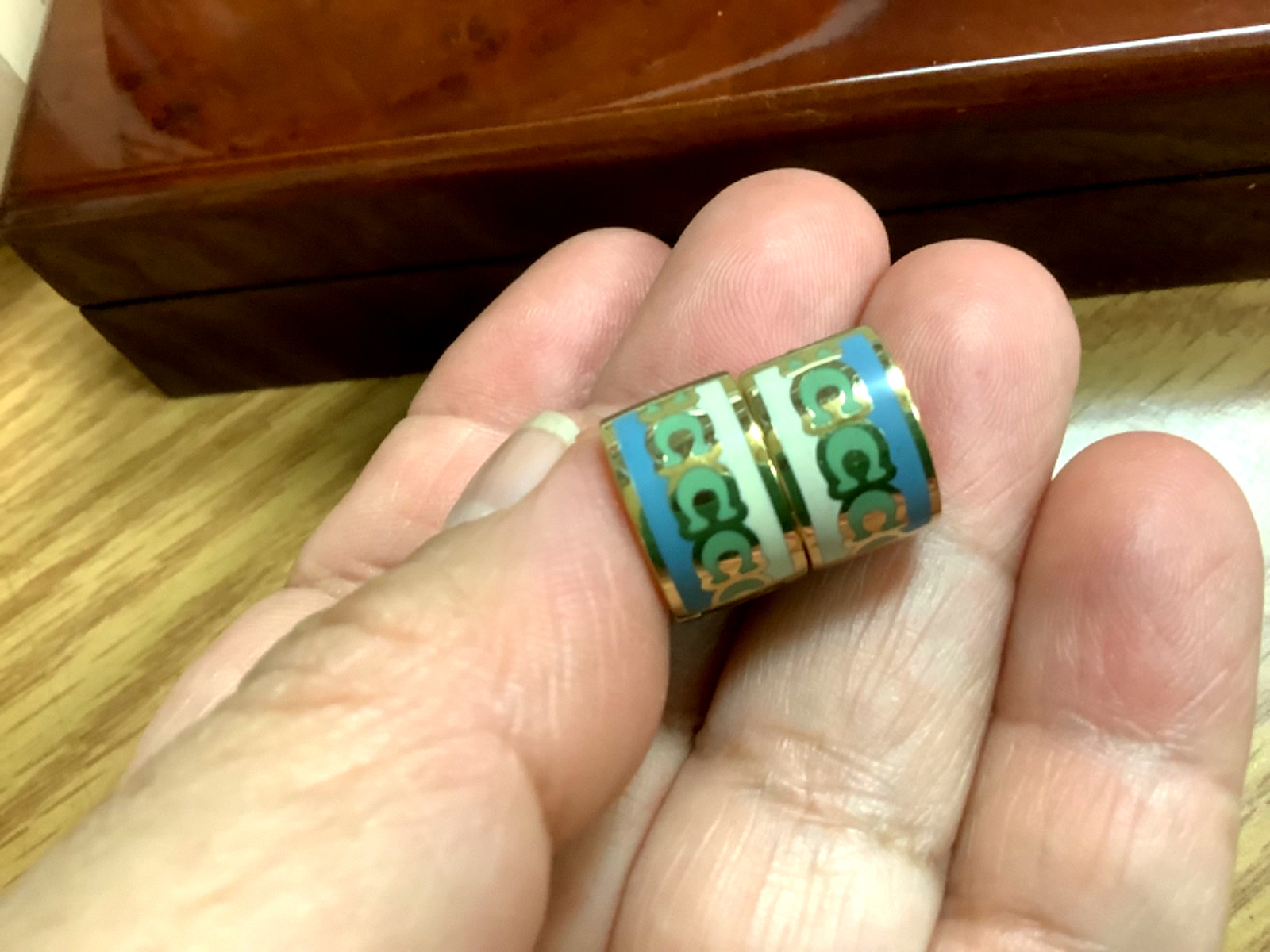 Coach Signature Huggie Gold Earrings Green Blue White Enameled