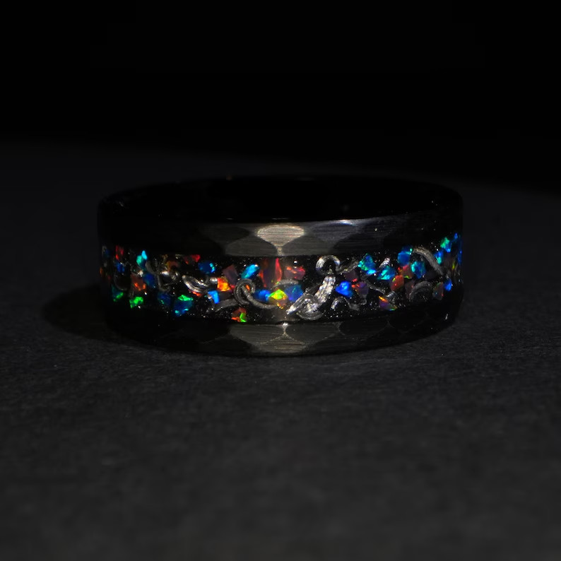 8mm Meteorite & Galaxy Opal Hammered Black Tungsten Men’s Ring Wedding Band