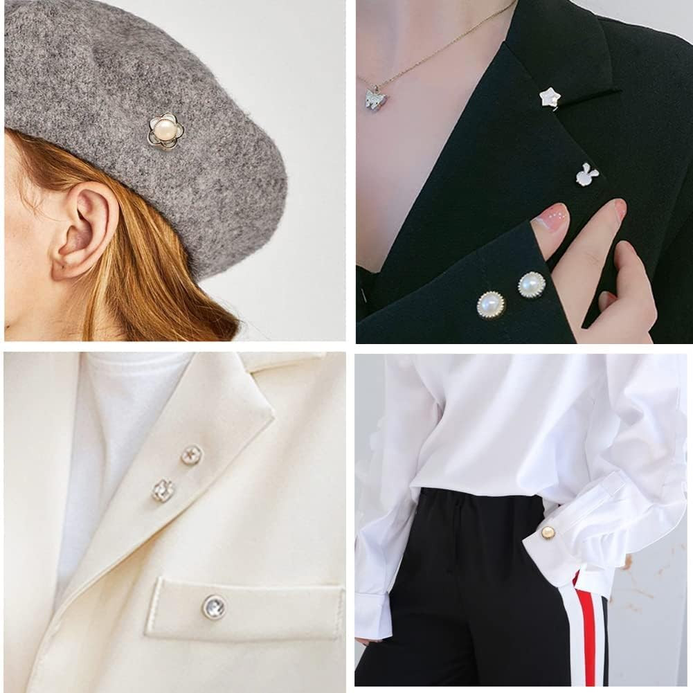 20Pcs Pearl Rhinestone Shirt Brooch Buttons No Sew Safety Pins for Women