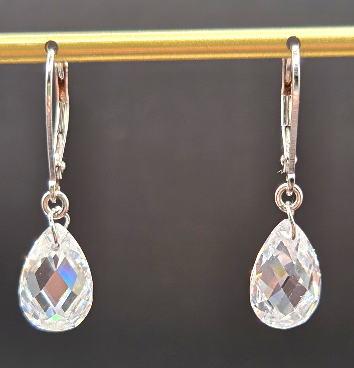 Sterling 925 Clear CZ Teardrop Leverback Dangle Earrings
