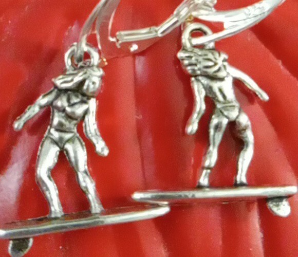 925 Sterling Silver Filled Surfer Bikini Girl Surf Board Charm Lever Earrings