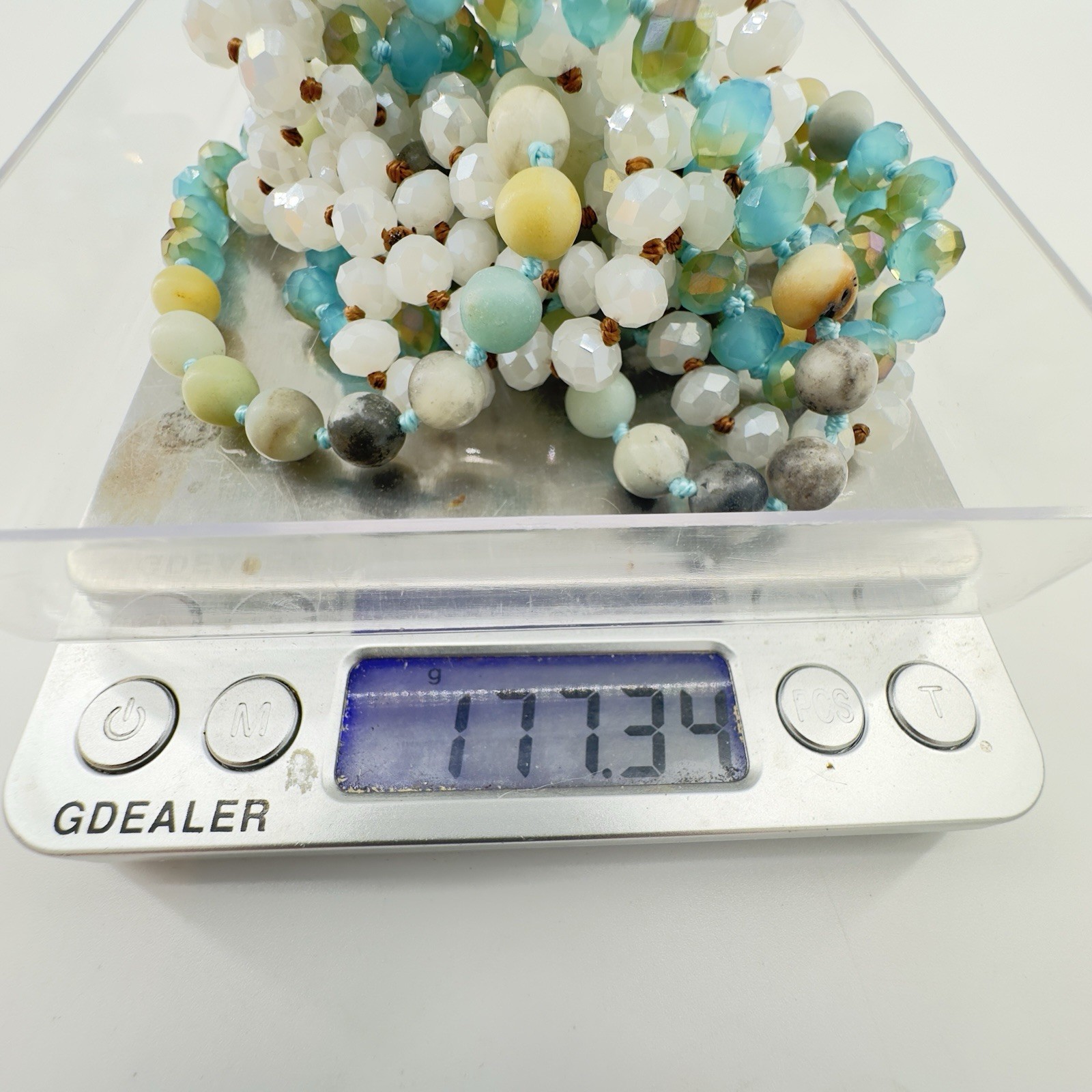 (2) Blue/Gold/White Faceted Sparkling Handknotted Beaded Necklaces 58” Long Hvy