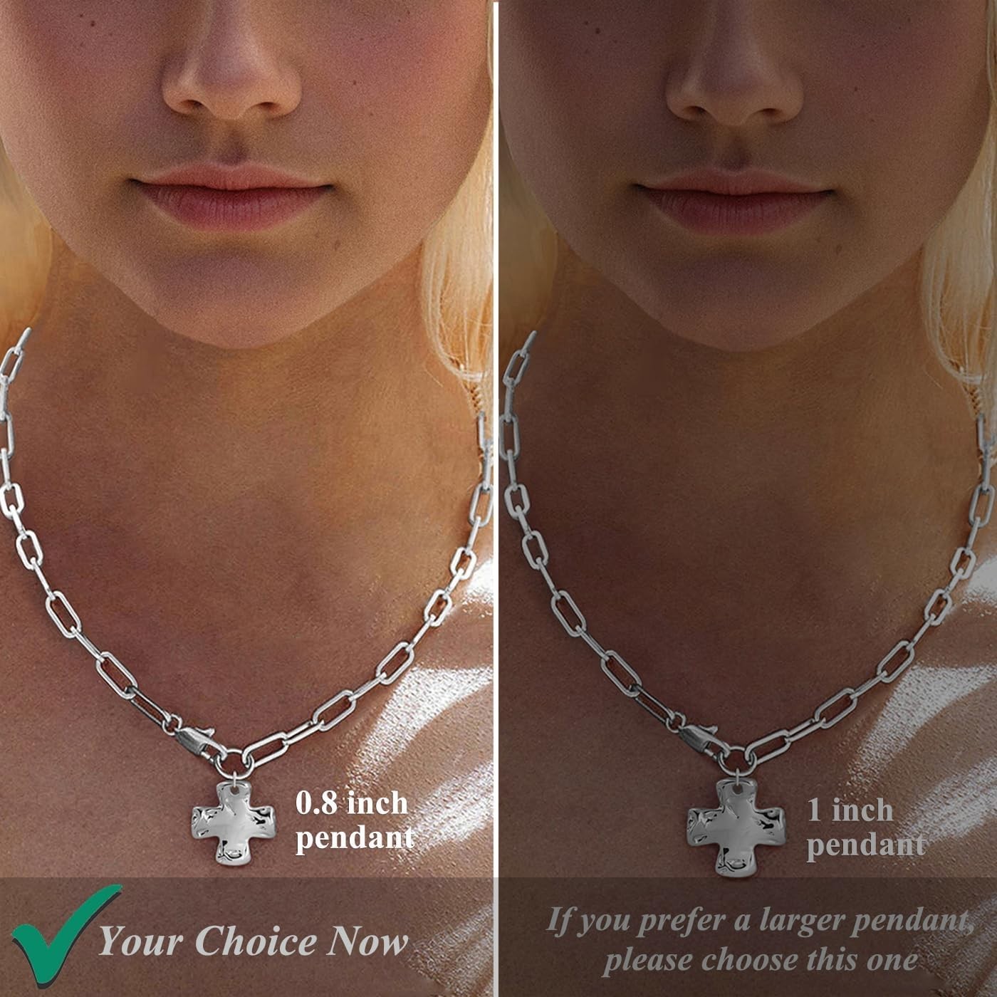 Statement Silver Chunky Hammered Cross Pendant Necklace Trendy Paperclip Chain