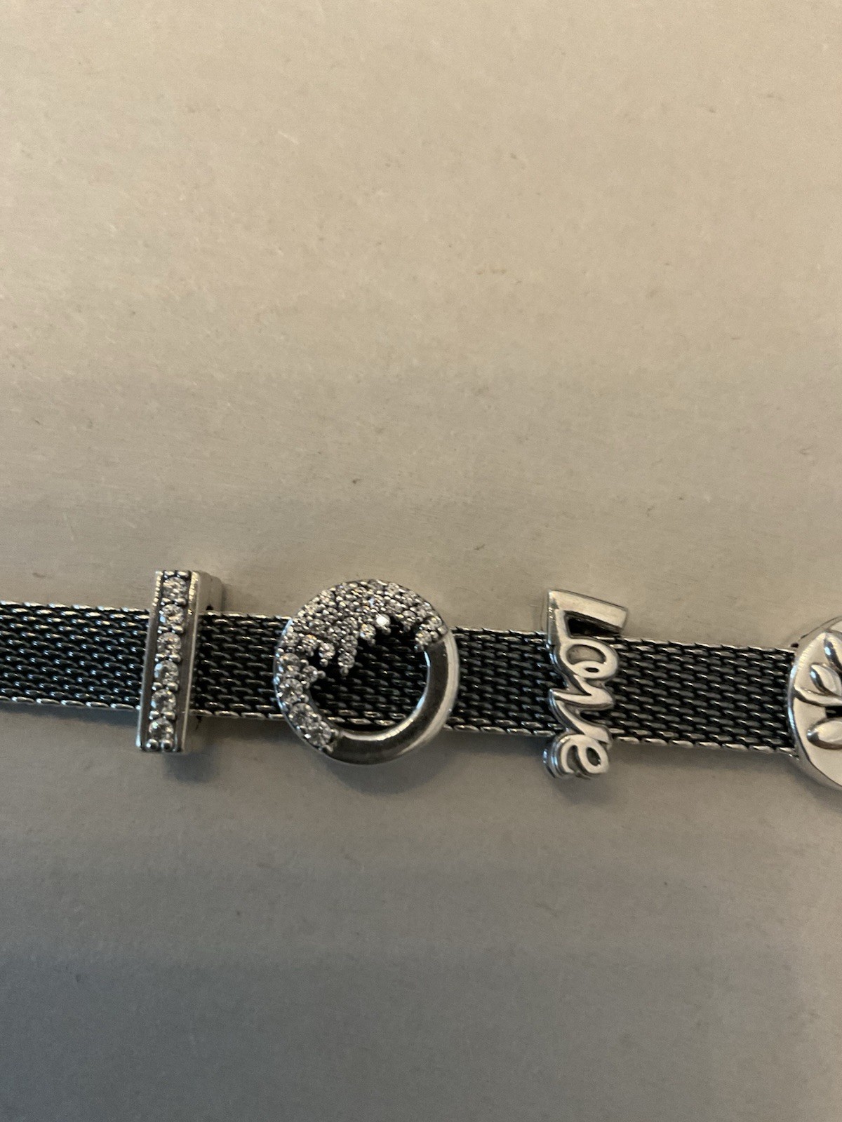 Pandora Reflections Mesh Bracelet In Oxidized Silver W/Charms Sz 7.0/7.25