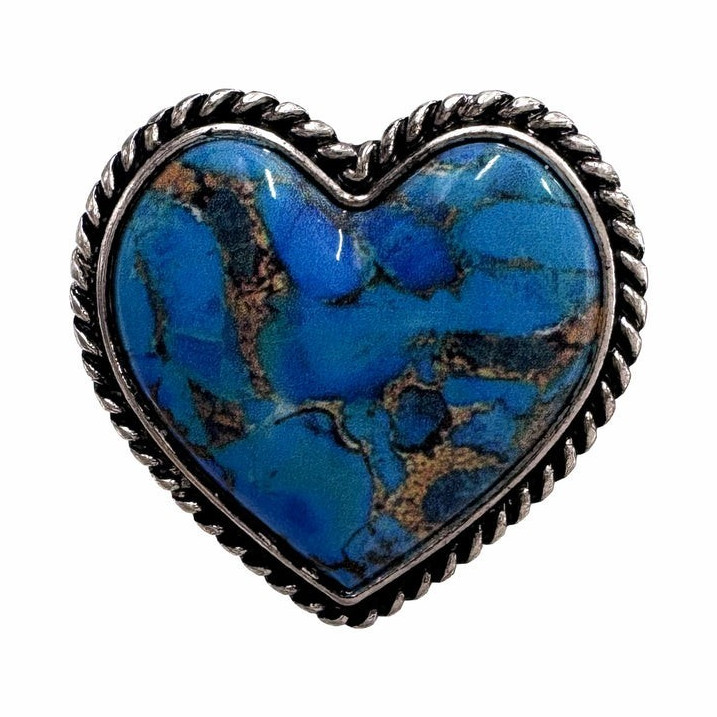 Adjustable Heart Turquoise Bezel Band Ring Silver Tone Blue Stone Love Theme