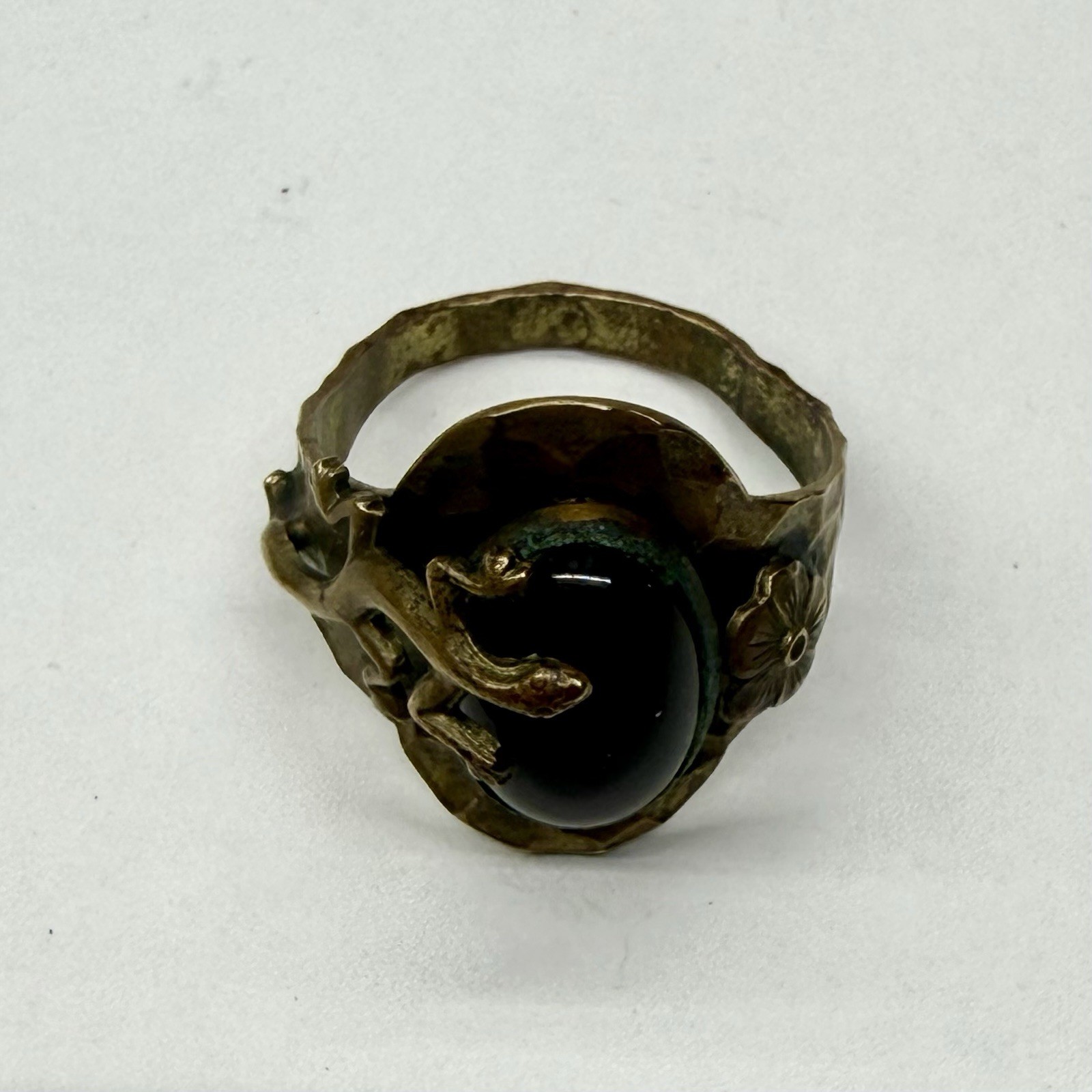Antique Unique Brass Lizard And Floral Ring With Oval Red Glass