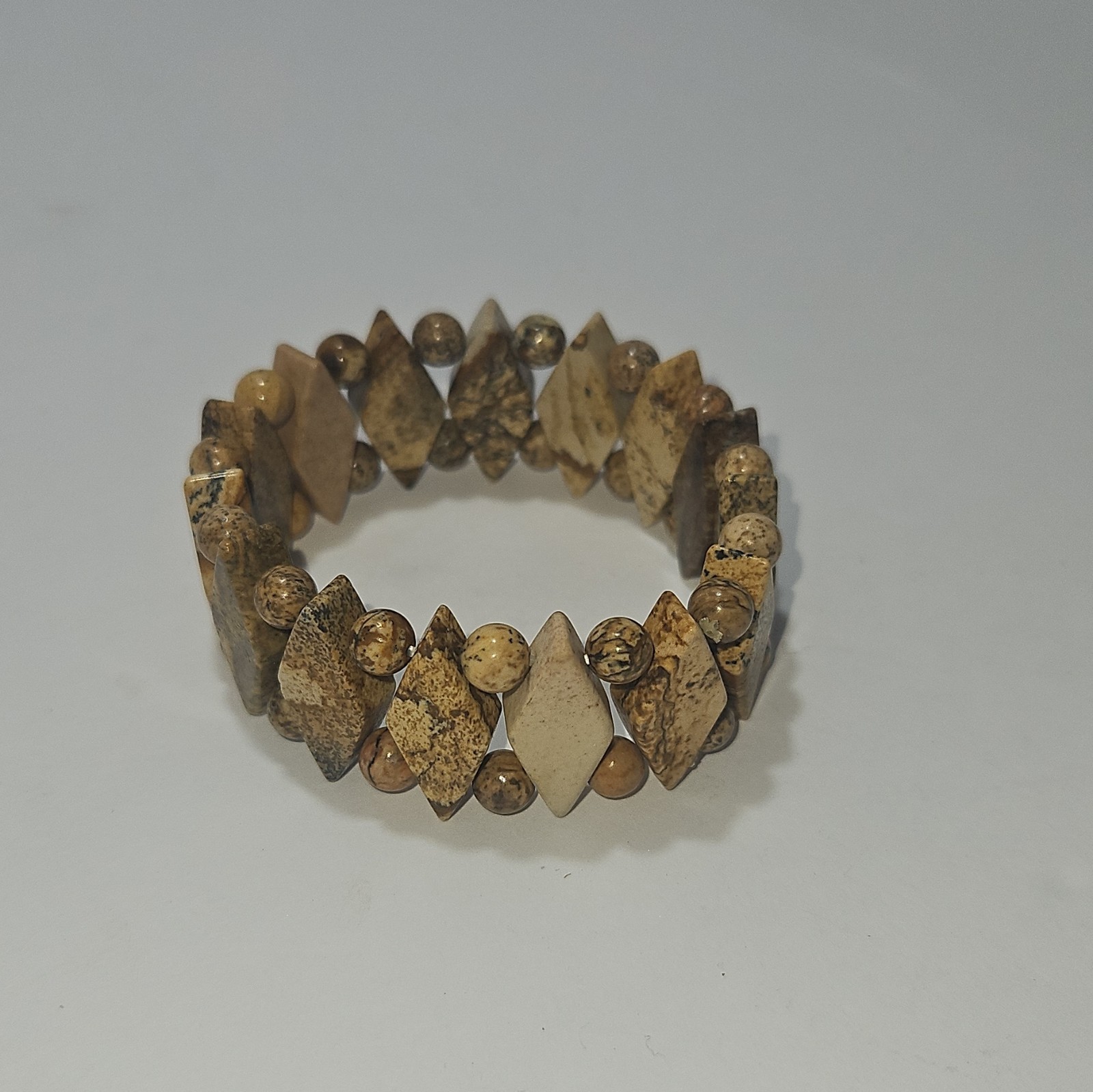 Brown & Beige Stone Beaded Stretch Bracelet, Diamond Shape, Slip-On