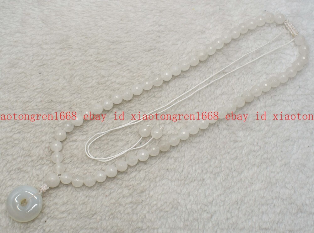 Natural 8mm White Jade & 30mm Circle Donut Gems Round Beads Necklace 16-22in