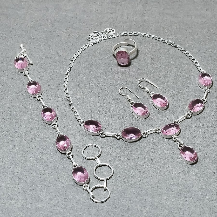 Pink Kunzite Gemstone Necklace Set Handmade Adjustable Chain Jewelry Oval Shape