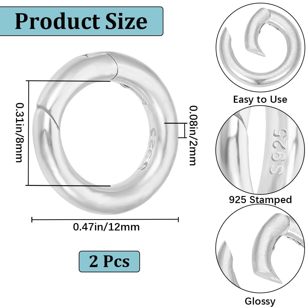 2Pcs 12mm Spring O Rings Gate Rings – 925 Sterling Silver Snap Clips for Jewelry
