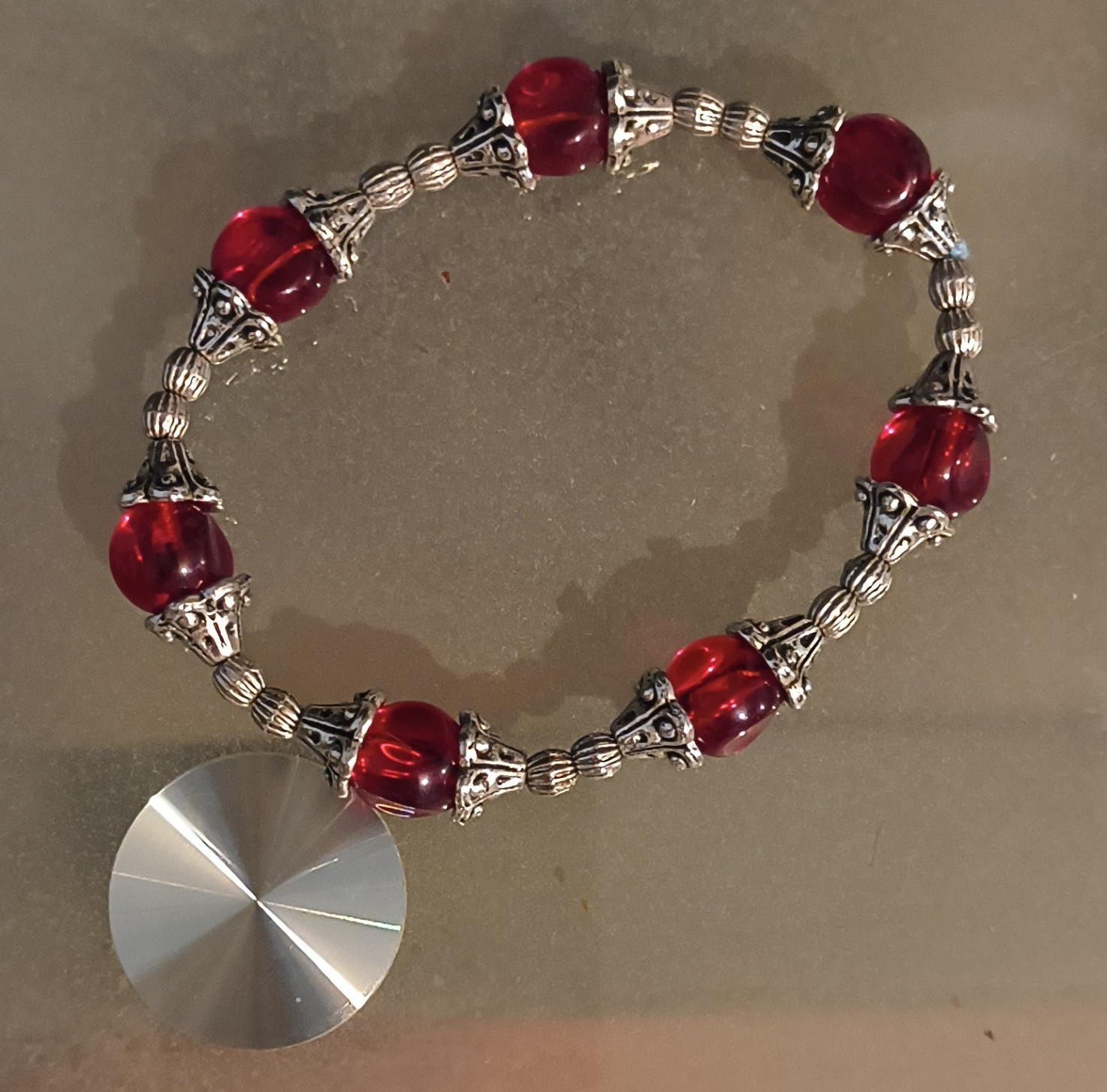 Red Beaded Stretch Bracelet, Round Beads, No Clasp, Silver-Tone Medium