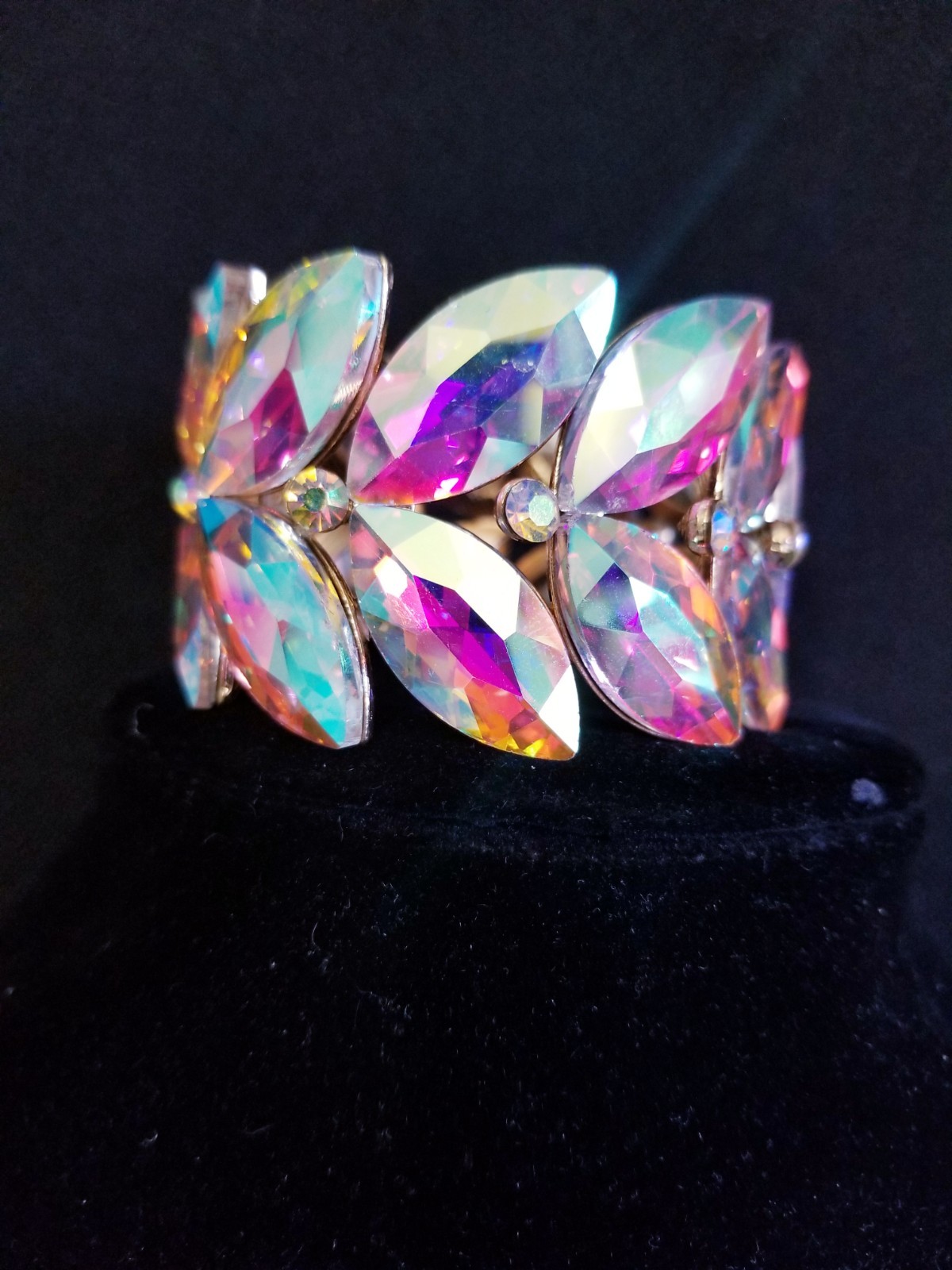 Iridescent Gold Rhinestone Stretch Bracelet Statement Drag Pageant Prom Bridal