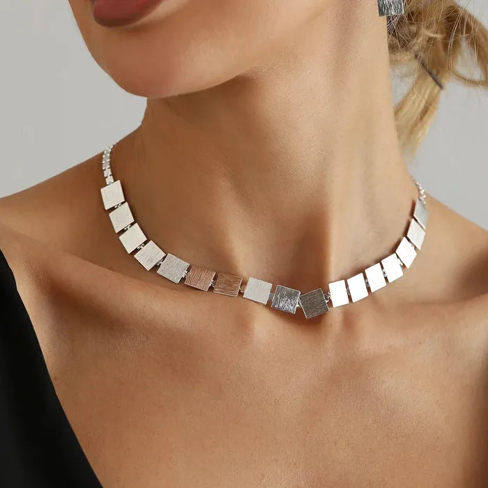Vintage Square Metal Zinc Alloy Necklace Bracelet Earrings Set for Women