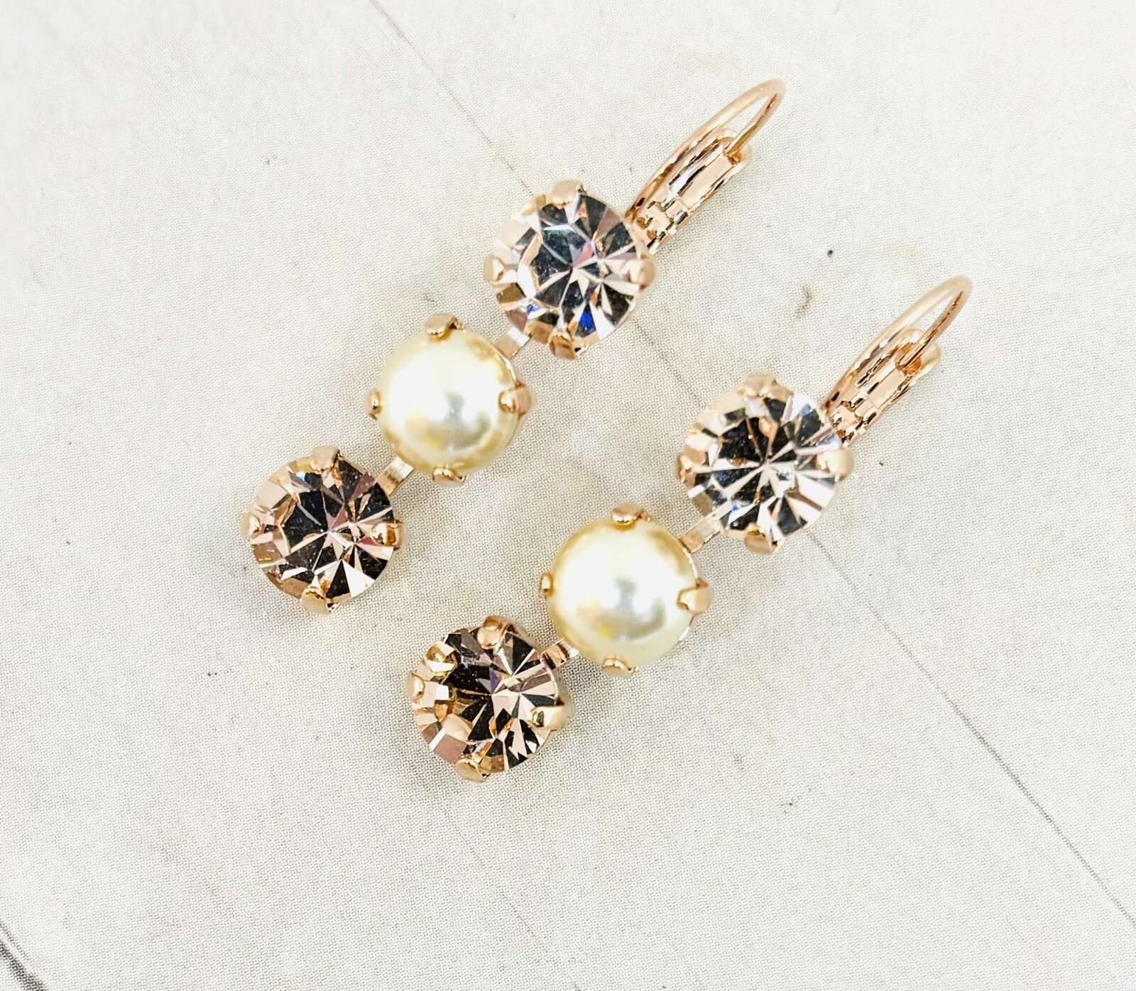 8mm Rose Gold Cream Pearl and Champagne Triple Stone Cup Chain Earring Pair