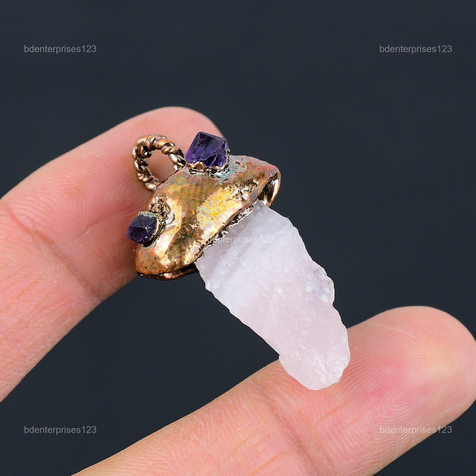 Pentagon Rose Quartz Rough Gemstone Sister Electroformed Pendant Jewelry Copper