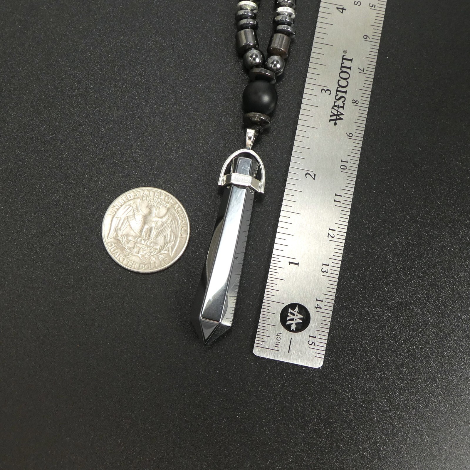 Matte Black Onyx Pointed Hematite Crystal Pendant 29″ Long Necklace Man Gift