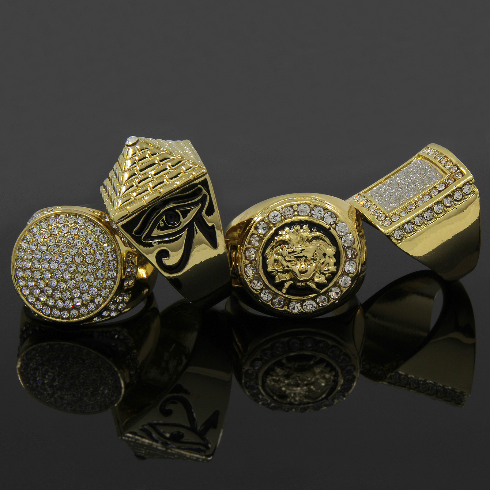 14K Gold Plated 4 Rings Bundle w/Medusa Cubic-Zirconia Size 7 8 9 10 11 12)