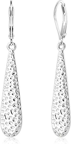 925 Sterling Silver Long Teardrop Dangle Earrings for Women Hammer